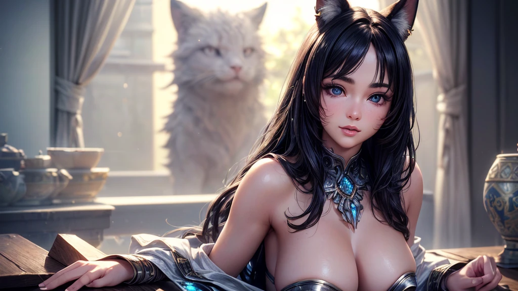 (Cinematic footage, full medium closeup, gorgeous 18-year-old kemonomimi woman soft pale skin, cute and youthful face, well-defined eyebrows, delicate nose, ultra-detailed: 1.1, photo-realistic: 1.4, depth of field, cinematic lighting, IMAX camera, HDR, DTM, Full HD, 8k, flared, medium breasts: 1.5, slim, smile, standing, 8K picture quality, sexy seduction, 4k, 8k, highres, best quality, plump and round lips: 1.4, realistic: 1.37 long, flowing: 1.1 luscious, plump: 1.1 sparkling sequins: 1.1 subtle, 0.9 soft, warm: 1.1 masterpiece: 1.2, realistic: 1.4, photo-realistic: 1.37, ultra-detailed: 1.1 busty animal ears, beautiful, detailed ears: 1.1 best quality, 4k, highres, masterpiece: 1.2 detailed, piercing eyes: 1.1 masterpiece: 1.2 very three-dimensional: 1.2, Unreal Engine 5, octane render), (beautiful ultra-detailed face, eyes, highly detail skin texture, high detailed skin, ultra-detailed body, bright and glowing skin: 1.1)
(Physical Rendering, Professional Lighting, Photon Mapping, Radiosity, Soft Light, Lens Reflection: 1.3)
(best shadow)
(3D: 0.5, realistic: 0.5, photo-realistic: 1.4)
(Sharp focus: 1.5)
(beautiful face, perfect face: 1.1)
(eye makeup: 1.2)
(tight body, fitness body: 1.2)
(highest quality)
(8k, best quality, masterpiece: 1.3)
((masterpiece, best))
(best illustration)
(high detail: 1.1)
(detailed Dungeons & Dragons realm background: 1.3)