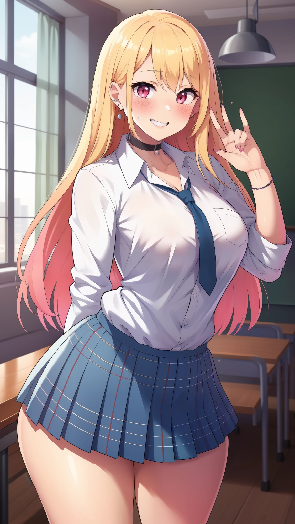 ((Masterpiece)), perfect anatomy, perfect shading, field of depth, (best quality), extremely delicate and beautiful, perfect lighting, detailed face, ultra cute face, cute, (cowboy shot 1.2), looking at viewer, full body, (((1girl))), (((solo))), kitagawa marin
1girl, blonde hair, long hair, multicolored hair, red eyes, (blush), jewelry, earrings, piercing, school uniform, white shirt, tied shirt, black choker, blue necktie, plaid skirt, medium breasts, wide hips, thick thighs, (chubby)
indoors, inside, classroom, open smile, pose, desks
