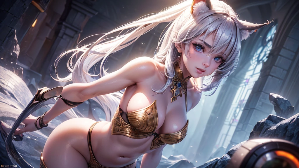 (Cinematic footage, full medium closeup, gorgeous 18-year-old kemonomimi woman soft pale skin, cute and youthful face, well-defined eyebrows, delicate nose, ultra-detailed: 1.1, photo-realistic: 1.4, depth of field, cinematic lighting, IMAX camera, HDR, DTM, Full HD, 8k, flared, medium breasts: 1.5, slim, smile, standing, 8K picture quality, sexy seduction, 4k, 8k, highres, best quality, plump and round lips: 1.4, realistic: 1.37 long, flowing: 1.1 luscious, plump: 1.1 sparkling sequins: 1.1 subtle, 0.9 soft, warm: 1.1 masterpiece: 1.2, realistic: 1.4, photo-realistic: 1.37, ultra-detailed: 1.1 busty animal ears, beautiful, detailed ears: 1.1 best quality, 4k, highres, masterpiece: 1.2 detailed, piercing eyes: 1.1 masterpiece: 1.2 very three-dimensional: 1.2, Unreal Engine 5, octane render), (beautiful ultra-detailed face, eyes, highly detail skin texture, high detailed skin, ultra-detailed body, bright and glowing skin: 1.1)
(Physical Rendering, Professional Lighting, Photon Mapping, Radiosity, Soft Light, Lens Reflection: 1.3)
(best shadow)
(3D: 0.5, realistic: 0.5, photo-realistic: 1.4)
(Sharp focus: 1.5)
(beautiful face, perfect face: 1.1)
(eye makeup: 1.2)
(tight body, fitness body: 1.2)
(highest quality)
(8k, best quality, masterpiece: 1.3)
((masterpiece, best))
(best illustration)
(high detail: 1.1)
(detailed Dungeons & Dragons realm background: 1.3)