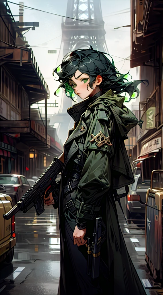 Two-dimensional wind black hair green eyes caucasian face adult woman holding a dieselpunk style gun with runes painted on it。Wearing a pure black trench coat, standing on the edge of futiristic street in Paris, looking out the far away of a two white towers 