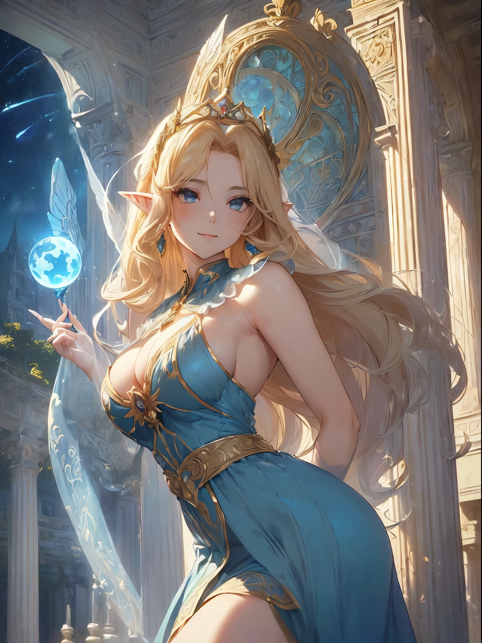 highest quality、Highest image quality、But Tarpeace、Two super beautiful elf beauties((24-years-old、vest bust、big bust、bust 90,beautiful blue long ironed hair、blonde、globe、Sexy means、、slender、Close-up、Esbian、beautiful tiara、High quality、beautiful art、background spectacular scenery、great work、visual art、Depth of bounds written、blue sky、elf ears、、magic of light、space knight、harp melody🎵、A happy smile、gentle light、、Beautiful legs that are gentle on the skin、、、Number of fingers to achieve precise finger movements、ticker beautiful decoration、elegant、mystical　　field under the flower garden、marble columns, beautiful dressy、byzantine art、marble dome、art nouveau、temple of time、sundial、、A  is 1.3,巨大なglobe、Renaissance painting、Raphael's paintings、golden ratio、Renaissance architecture、Palace garden、Autumn leaves、Forest、forest、beautiful dress、Low - Angle、Close-up、(big angel wing)、
