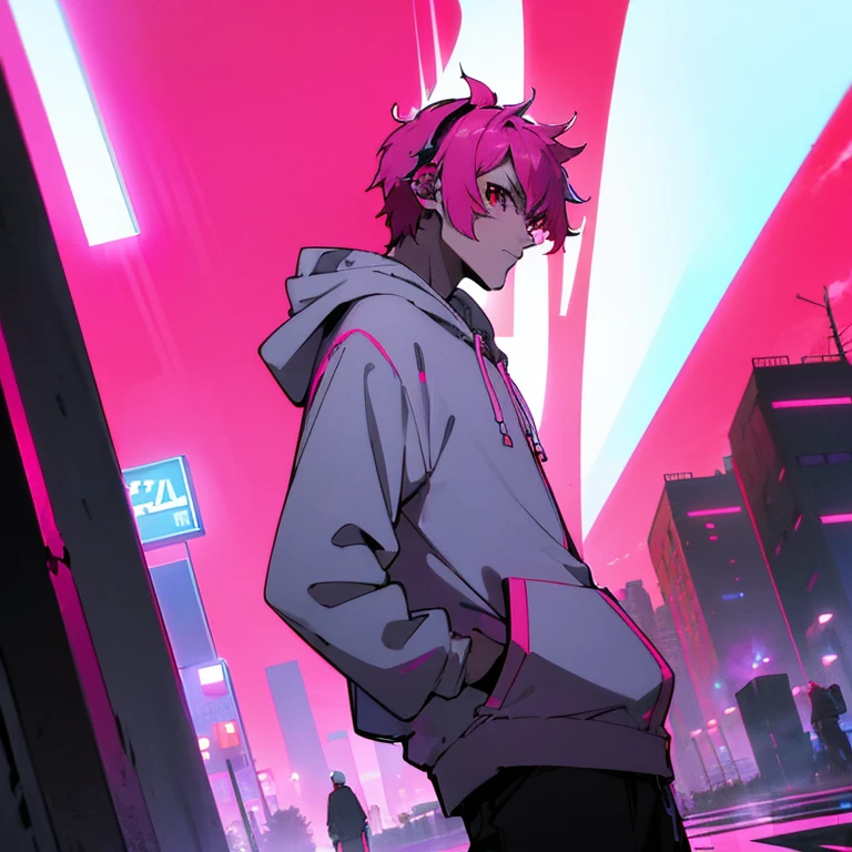(shortcut), (two block hair), (bright pink hair), (male character), (red eyes), (cool pose), (top quality), (masterpiece), (Super detailed), (oversized hoodie), (Street style), (neon), (modern city), (neonデイライト), (cinematic), (stylish), (High resolution), (hyper-detailed), (soft town), (Nightcore), (a handsome guy), (He is listening to music by wearing headphones on his ears), (natural appearance of the building), (casual), (IGスタジオanime style), (standing pose), (Shooting from a low angle), (anime style), (multiple angles)