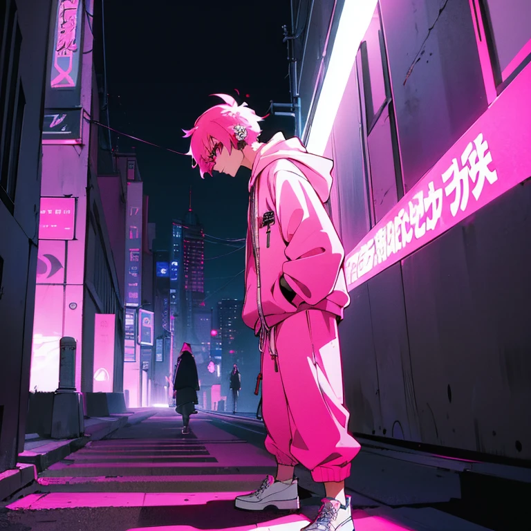 (shortcut), (two block hair), (bright pink hair), (male character), (red eyes), (cool pose), (top quality), (masterpiece), (Super detailed), (oversized hoodie), (Street style), (neon), (modern city), (neonデイライト), (cinematic), (stylish), (High resolution), (hyper-detailed), (soft town), (Nightcore), (a handsome guy), (He is listening to music by wearing headphones on his ears), (natural appearance of the building), (casual), (IGスタジオanime style), (standing pose), (Shooting from a low angle), (anime style), (multiple angles)