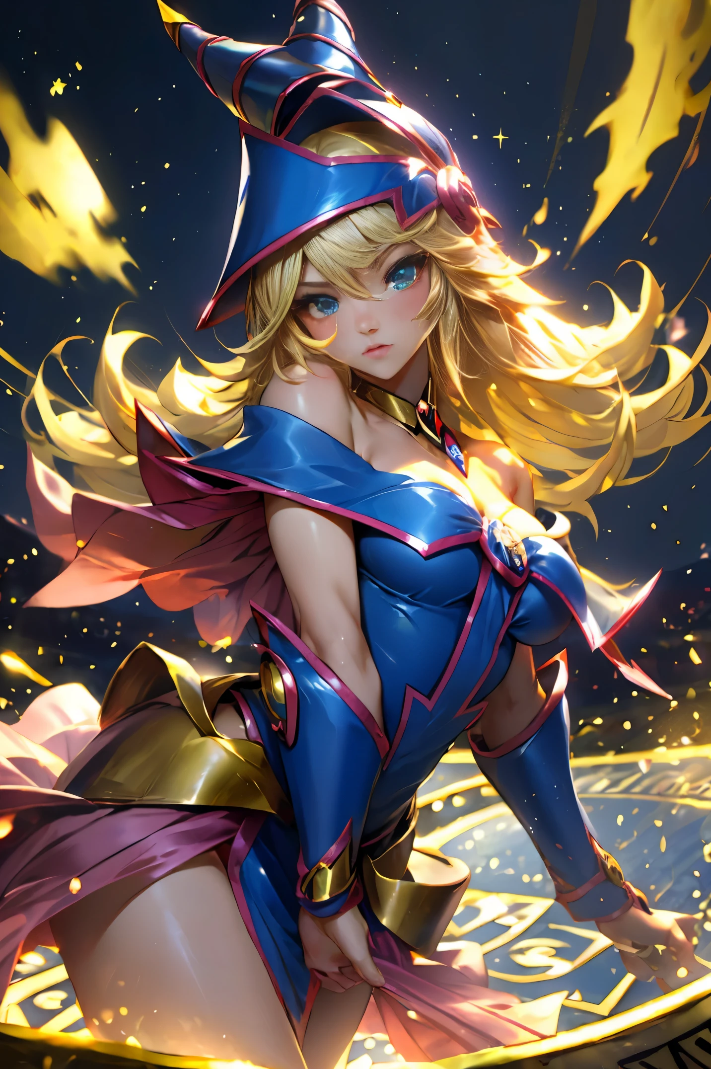 Dark magician gils vestida como la diosa arena de Saint Seiya. Vestido blanco, ajustado, blanco. Cabello rubio. Ojos azules. Labios rojos. Cuerpo completo. Fondo de Athena. Pose sensual y inocente. Magic circle around you. Heart magic in the air. 