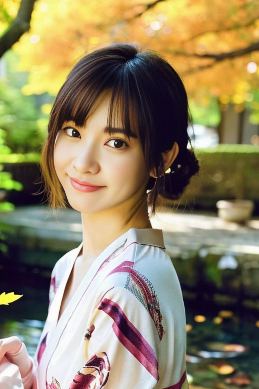 (realistic:1.3), rembrandt&#39;light masterpiece:1.2), (photorealistic:1.2), (highest quality), (fine skin:1.3), (intricate details), ray tracing,1 girl, japanese girl, 21 years old, fine skin texture, (blush:0.5), Scattered under the water, smile, updo hair, bangs, hair between eyes, hair ornaments, kimono, Floral, Wearing edgJF_kimono, Seiza (bright sunny day, autumn setting, autumn tree々And leaves, (zen garden:1.2)