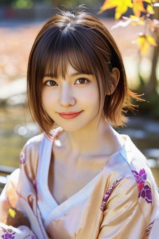 (realistic:1.3), rembrandt&#39;light masterpiece:1.2), (photorealistic:1.2), (highest quality), (fine skin:1.3), (intricate details), ray tracing,1 girl, japanese girl, 21 years old, fine skin texture, (blush:0.5), Scattered under the water, smile, updo hair, bangs, hair between eyes, hair ornaments, kimono, Floral, Wearing edgJF_kimono, Seiza (bright sunny day, autumn setting, autumn tree々And leaves, (zen garden:1.2)