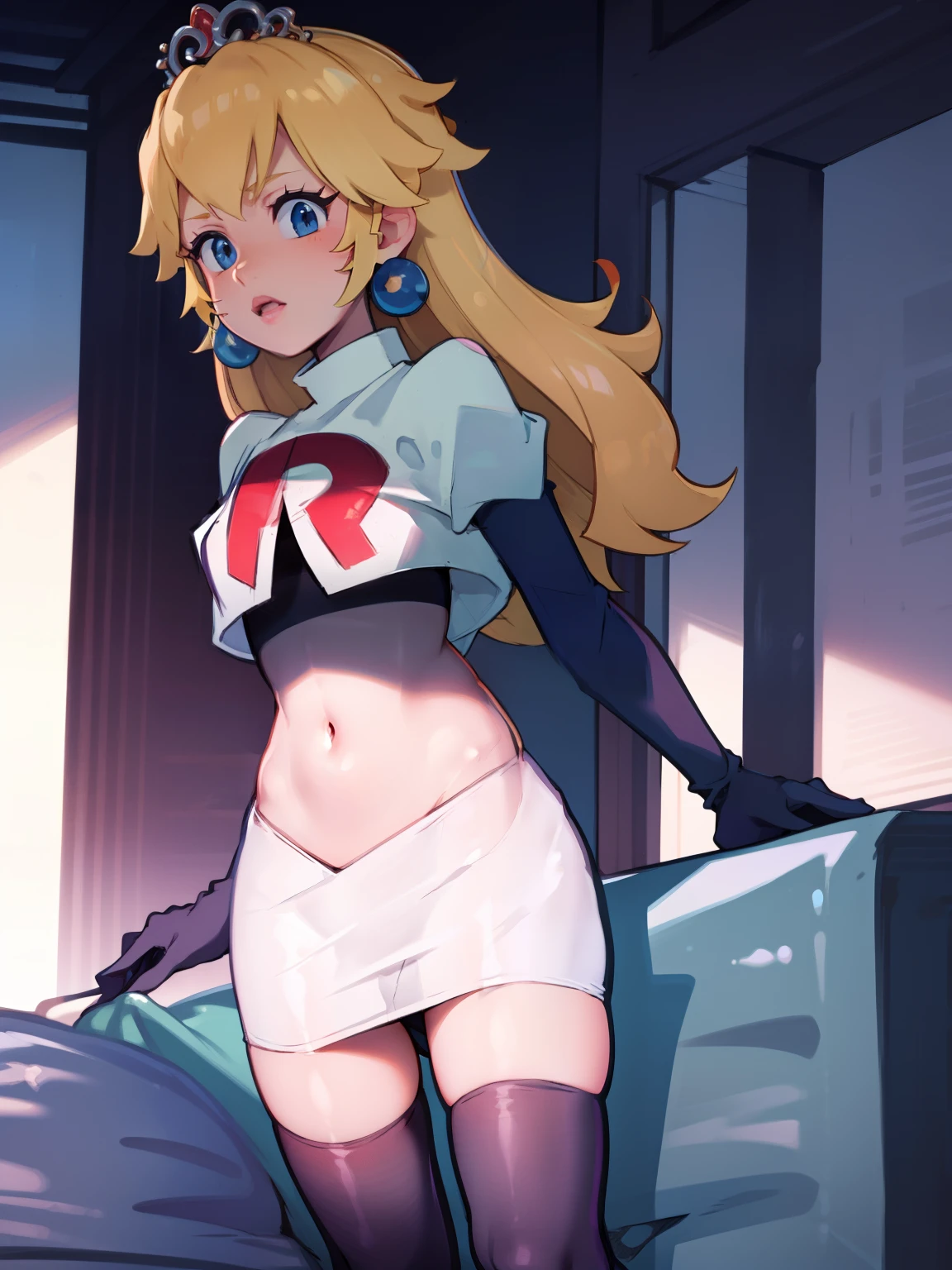 princess_peach, blonde hair ,earrings,team rocket,team rocket uniform, red letter R, white skirt,white crop top,black thigh-highs,black elbow gloves