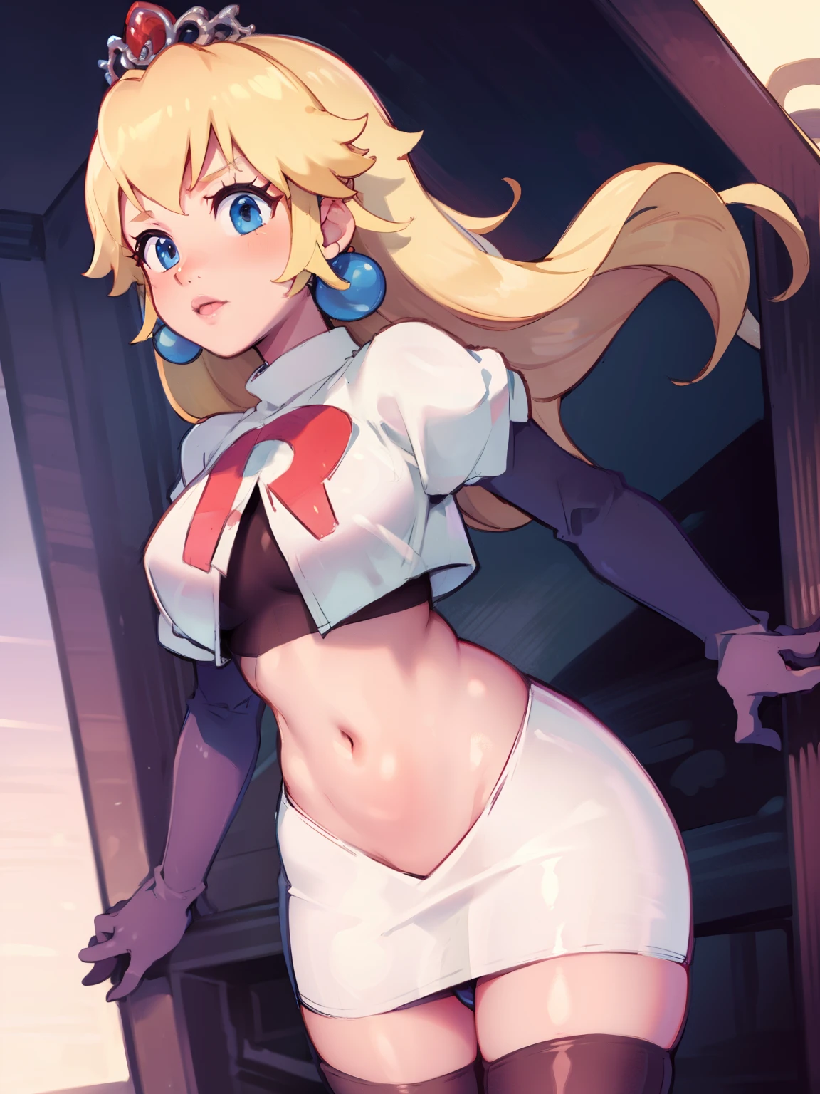 princess_peach, blonde hair ,earrings,team rocket,team rocket uniform, red letter R, white skirt,white crop top,black thigh-highs,black elbow gloves