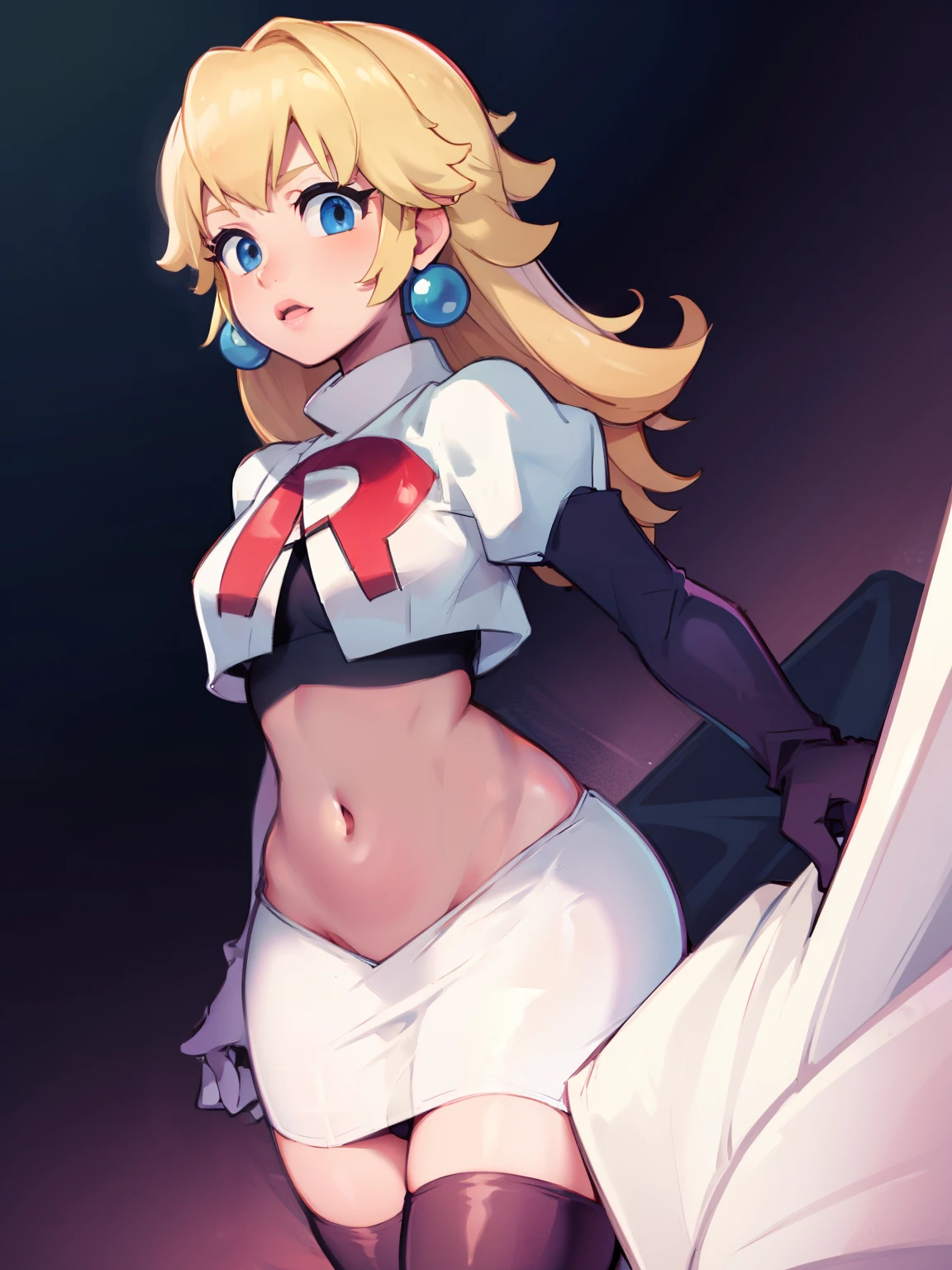 princess_peach, blonde hair ,earrings,team rocket,team rocket uniform, red letter R, white skirt,white crop top,black thigh-highs,black elbow gloves