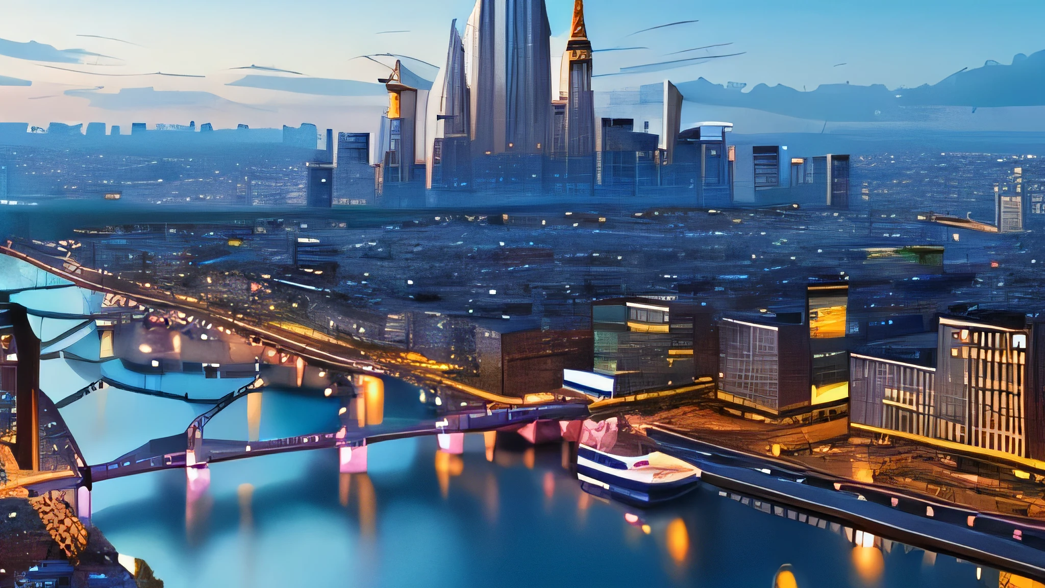 "Generate an image of a heavenly cityscape with towering spires, bridges made of light, and ethereal buildings harmoniously integrated into the natural landscape." hyperrealistic