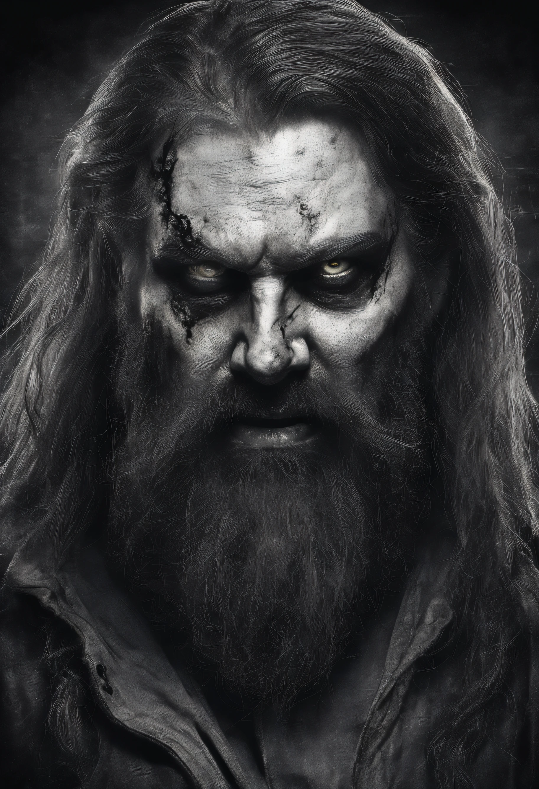 Bearded, portly man with wild, long hair and a mid length beard. Crazed eyes and a smile on his face. Looks to be mid-30's in age and has dark bags under his eyes. His smile reveals vampire fangs.