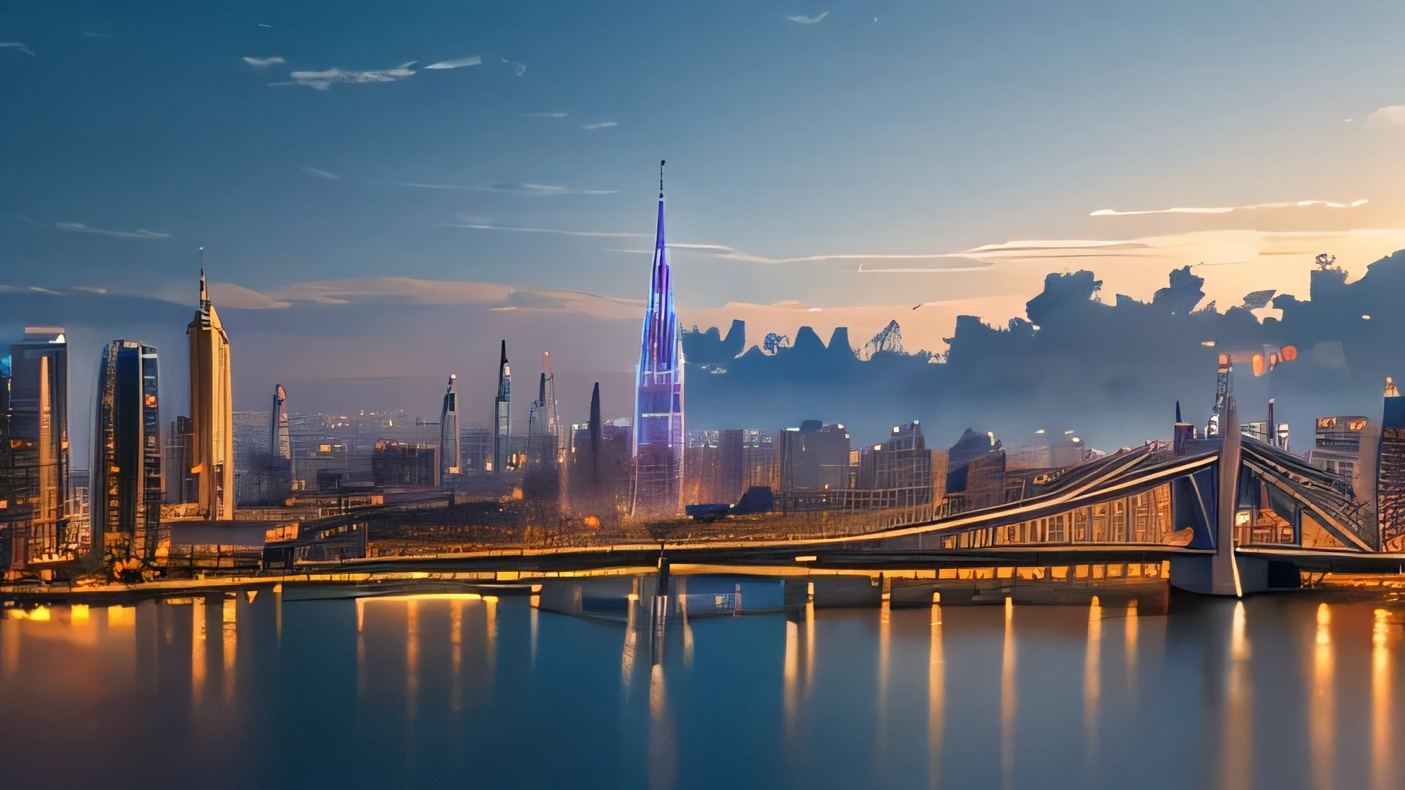 
"Generate an image of a heavenly cityscape with towering spires, bridges made of light, and ethereal buildings harmoniously integrated into the natural landscape." hyperrealistic