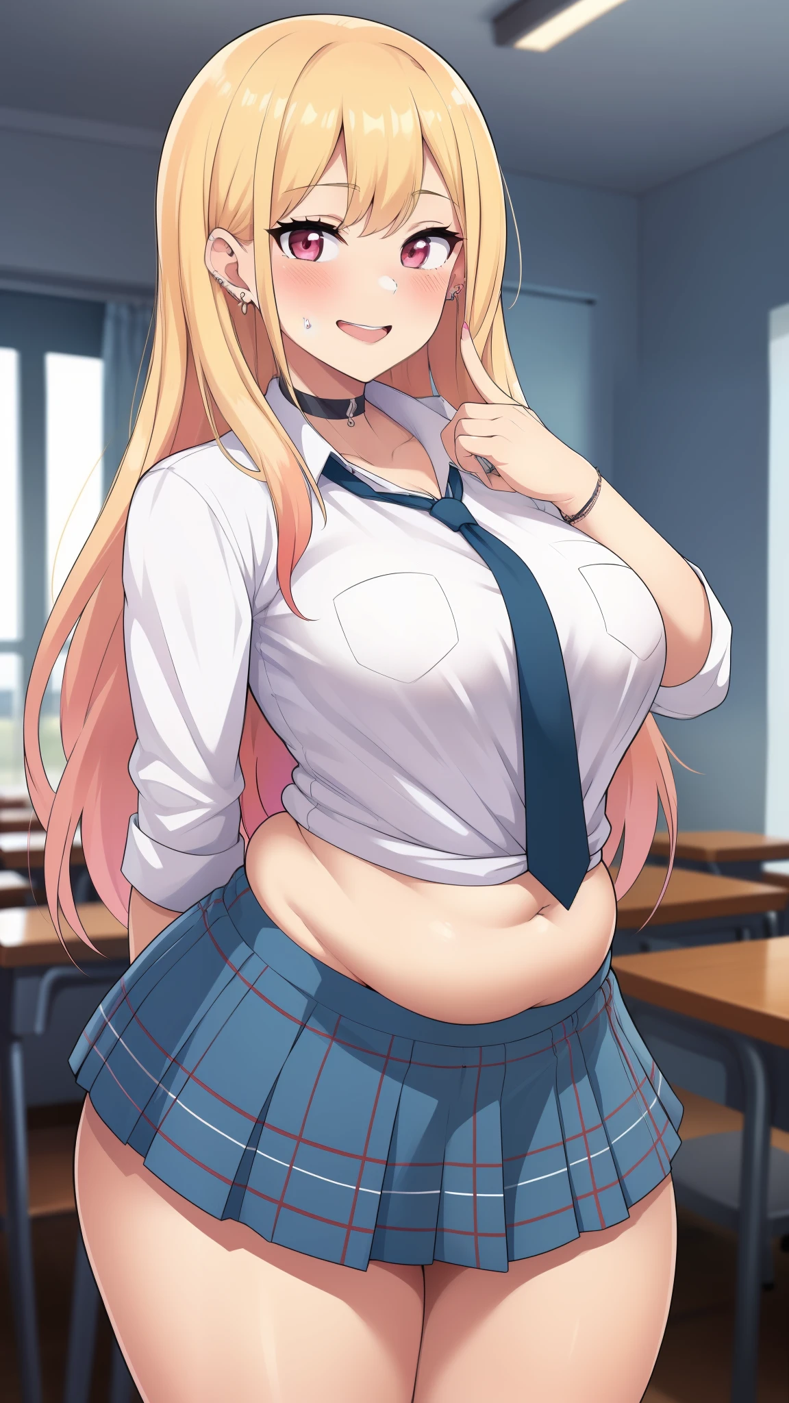 ((Masterpiece)), perfect anatomy, perfect shading, field of depth, (best quality), extremely delicate and beautiful, perfect lighting, detailed face, ultra cute face, cute, (cowboy shot 1.2), looking at viewer, full body, (((1girl))), (((solo))), kitagawa marin
1girl, blonde hair, long hair, multicolored hair, red eyes, (blush), seductive smile, jewelry, earrings, piercing, school uniform, white shirt, tied shirt, black choker, blue necktie, plaid skirt, medium breasts, wide hips, thick thighs, (chubby), belly bulge,
indoors, inside, classroom, open smile, pose, desks