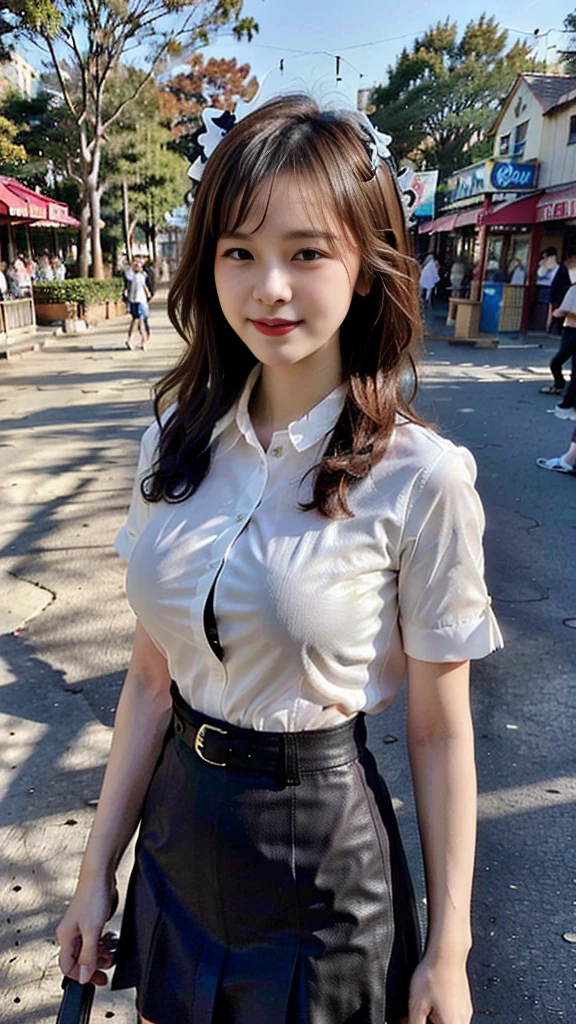 1 girl, beautiful, ((long hair, long hairมาก)), Amazing faces and eyes, put on makeup, ลิปกลอสสีแดงละเอียดละเอียดใบหน้าbeautiful), (Look sexiest), (beautiful big breasts:1.6), ((School uniform, Black pencil skirt:1.2,)), White shirt, black leather skirt, Student Belt, (best quality:1.4), (Very detailed), (วอลล์เปเปอร์ CG รวม 8k ที่มีรายVery detailed), Highly detailed, raw photos, Professional photography, ((Crowded amusement park)), roller coaster, Ferris wheel, stand, (((stand, ขายาวbeautiful)), ((walk)), (ท่าทางการwalk), The scenery is like a scene from a movie.,