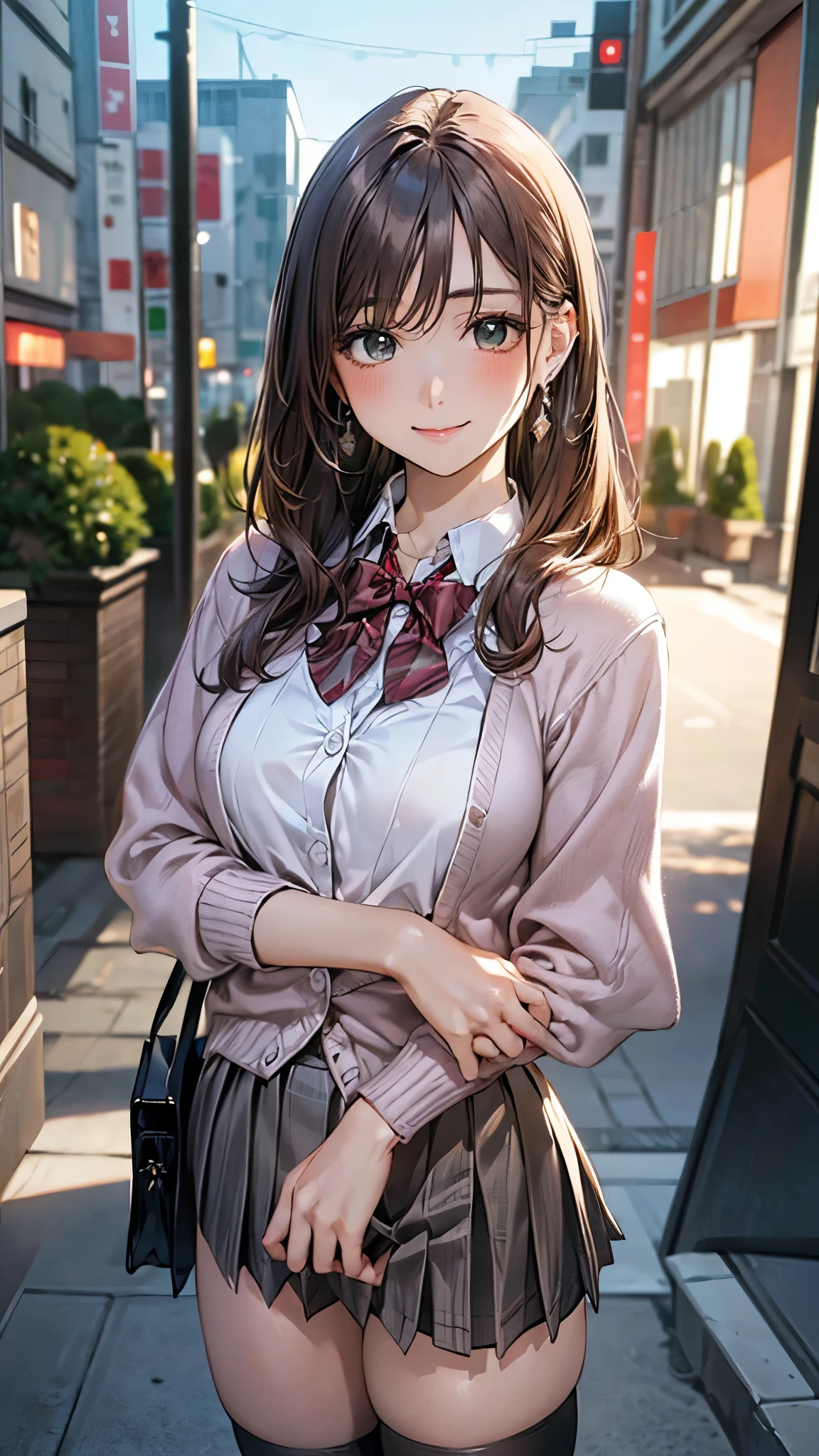(masterpiece:1.2, highest quality), (realistic, photorealistic:1.4), beautiful illustrations, (natural side lighting, movie lighting), looking at the viewer, cowboy shot, Front view:0.6, 1 girl, Japanese, high school girl, perfect face, Cute symmetrical face, shiny skin, (long hair:1.8, straight hair:1.7, pink brown hair), parted bangs, emerald green eyes, long eyelashes, (big breasts:0.9, thick thighs), beautiful hair, beautiful face, thin and beautiful eyes, beautiful clavicle, beautiful body, beautiful breasts, beautiful thighs, beautiful feet, beautiful fingers, ((white collared shirt, gray pleated mini skirt, dark blue cardigan, black socks, brown loafers, red bow tie)), hoop ring earrings, pink panties, (beautiful scenery), walk, put your hand on your chest, (cute smile, Upper grade),wet crotch, seductive thighs,Pee、Water drips on the thighs、 camel toe, ((animal collar)), ((Pee漏れ:1.9, Poop leakage:1.3)), ((Ahegao, embarrassing, open your mouth a little)), (((walk, Panty Sex Toys), female masturbation