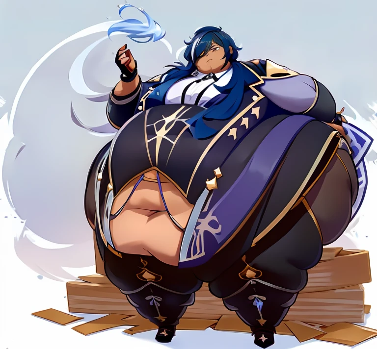 An anime illustration of a Fat Kaeya from Genshin impact , Full body, Solo ,((1boy)), Kaeya, smug grin, Eyepatch,Old German Cityscape, Multicolored Hair, Long Blue Hair, Ponytail ,((Dark Skin)), ((Anatomically accurate)) ,((hyper_hips)), ((Thick thighs)), ((Fat Butt)), ((gigantic belly)),((ssbbw!!)),burp,(Bottom heavy body),((high_aesthetic)), (Highest quality), Masterpiece!!, ((Small Chest)),(( WeightObese))