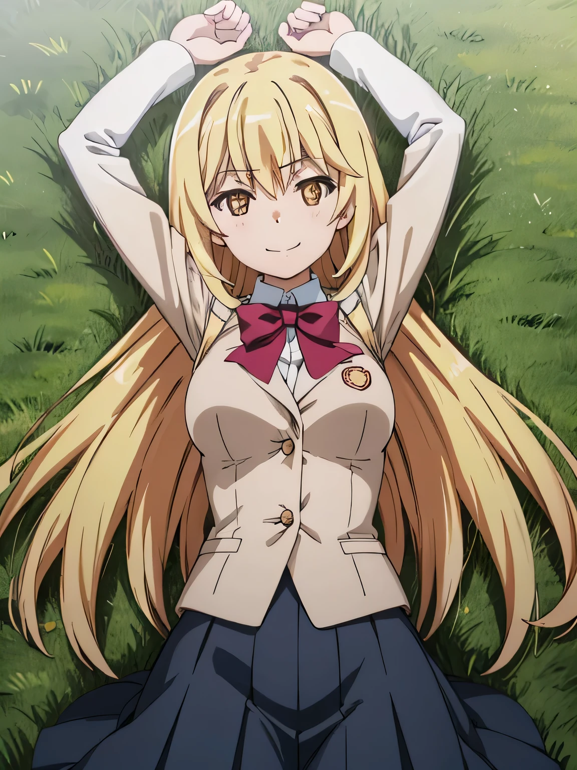 (((pixel-perfect, detail-perfect))), solo, 1girl, misaki shokuhou, tokiwadai school uniform, bow, white elbow gloves, looking at viewer, closed_mouth, spread arms, arms up, cowboy shot, smile, on back, on grass, 