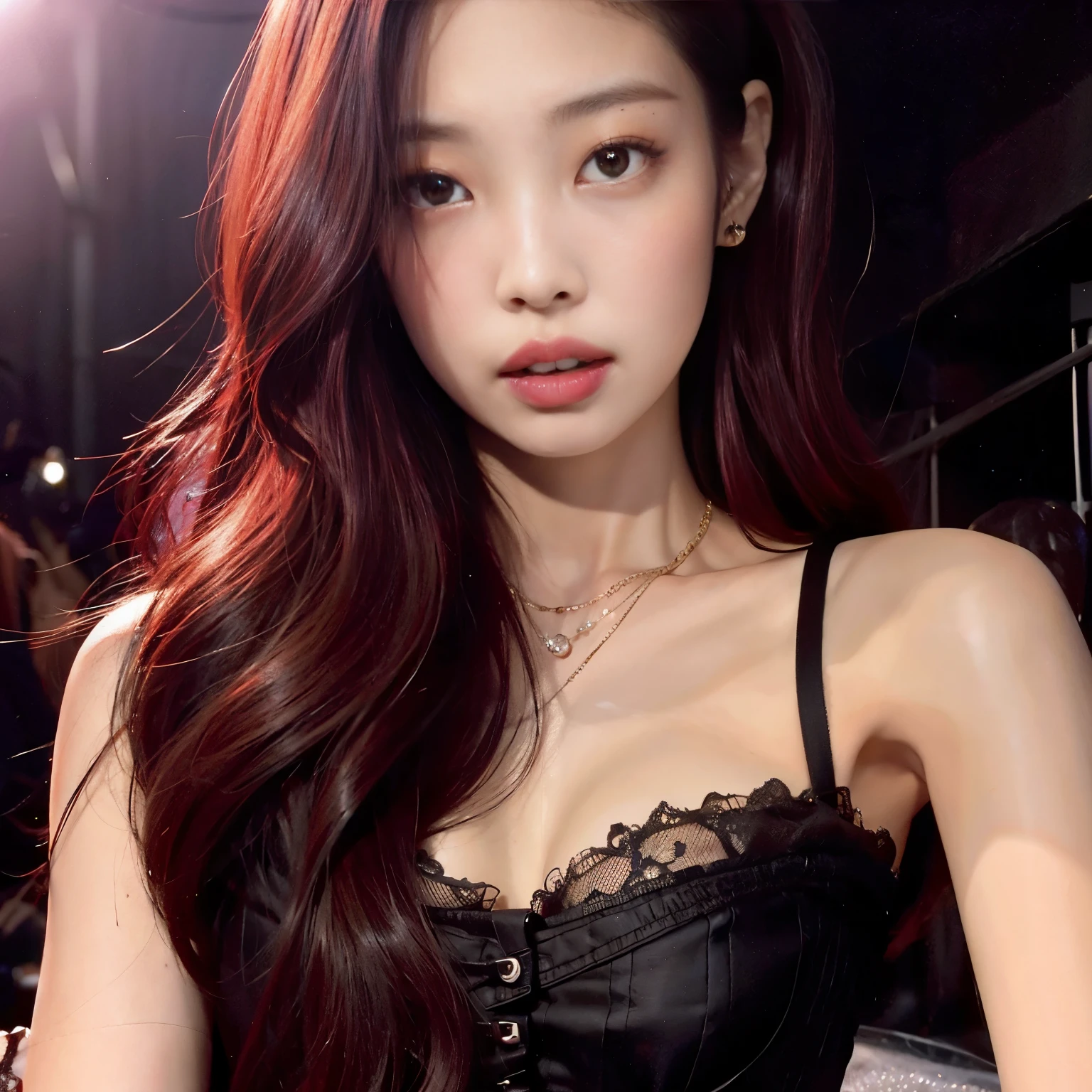 a close up of a woman con el pelo largo y rojo wearing a black corset, ulzzang, hermosa joven coreana, maquillaje popular de corea del sur, maquillaje coreano popular, hermosa mujer surcoreana, hasta el modelo | germen de arte, muchacha coreana, hermosa joven coreana, con el pelo largo y rojo, con pelo rojo rizado, pelo rojo hasta la cintura, Jennie Kim