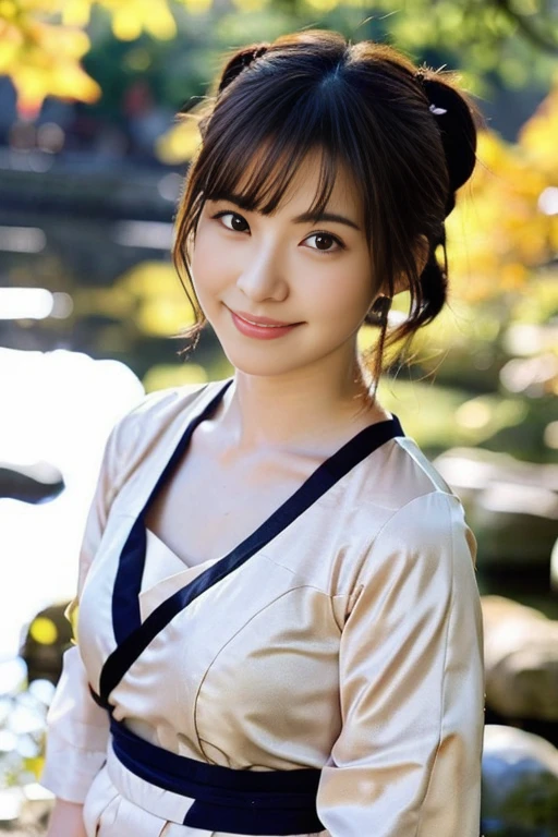 (realistic:1.3), rembrandt'light masterpiece:1.2), (photorealistic:1.2), (highest quality), (fine skin:1.3), (intricate details), ray tracing,1 girl, japanese girl, 21 years old, fine skin texture, (blush:0.5), Scattered under the water, smile, updo hair, bangs, hair between eyes, hair ornaments, kimono, Floral, Wearing edgJF_kimono, Seiza (bright sunny day, autumn setting, autumn tree々And leaves, (zen garden:1.2)