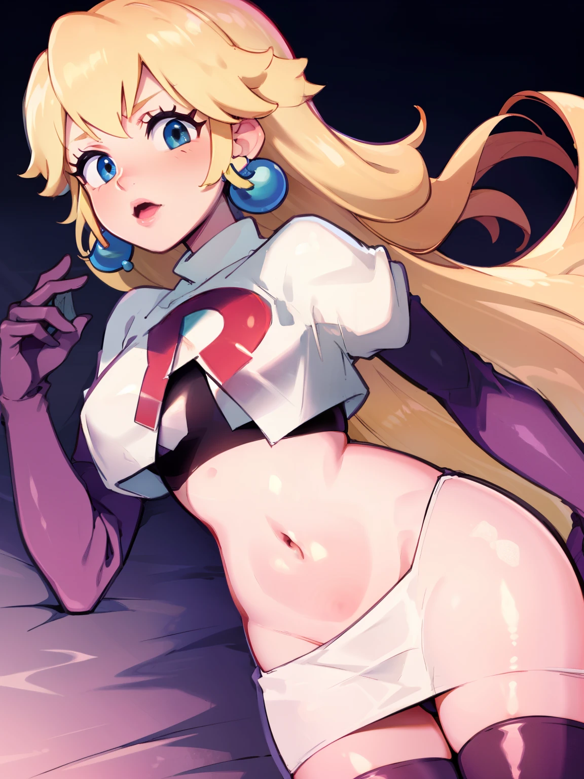 princess_peach, blonde hair ,earrings,team rocket,team rocket uniform, red letter R, white skirt,white crop top,black thigh-highs,black elbow gloves