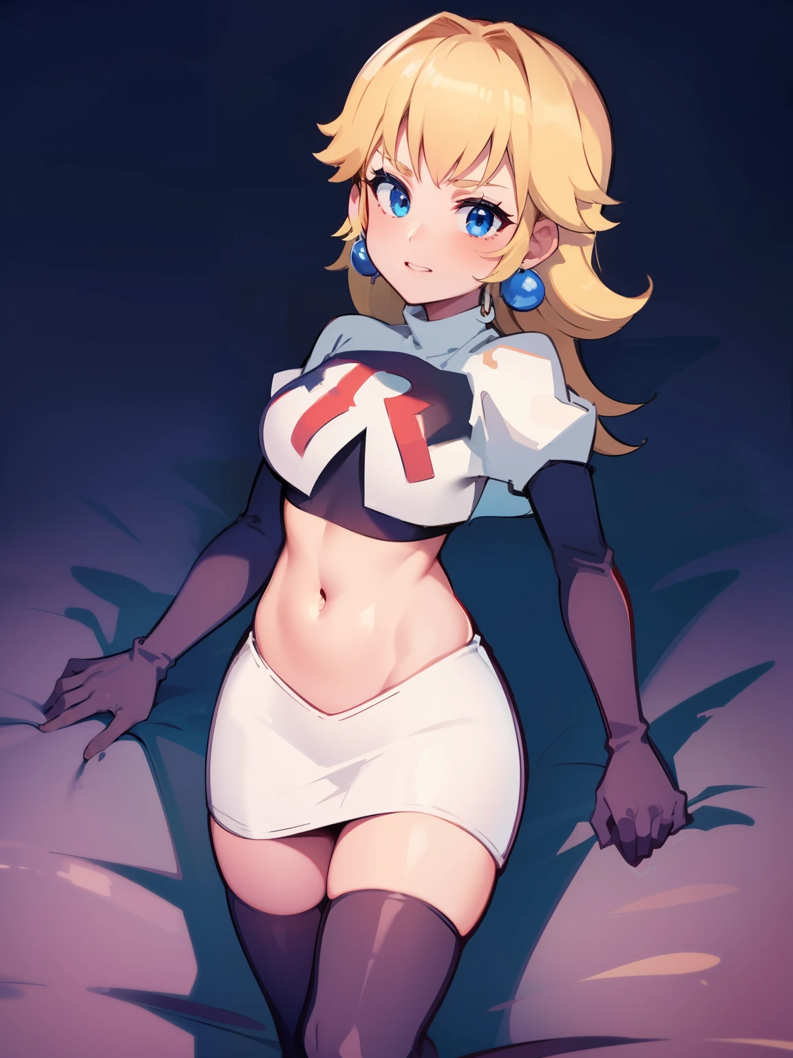 princess_peach, blonde hair ,earrings,team rocket,team rocket uniform, red letter R, white skirt,white crop top,black thigh-highs,black elbow gloves
