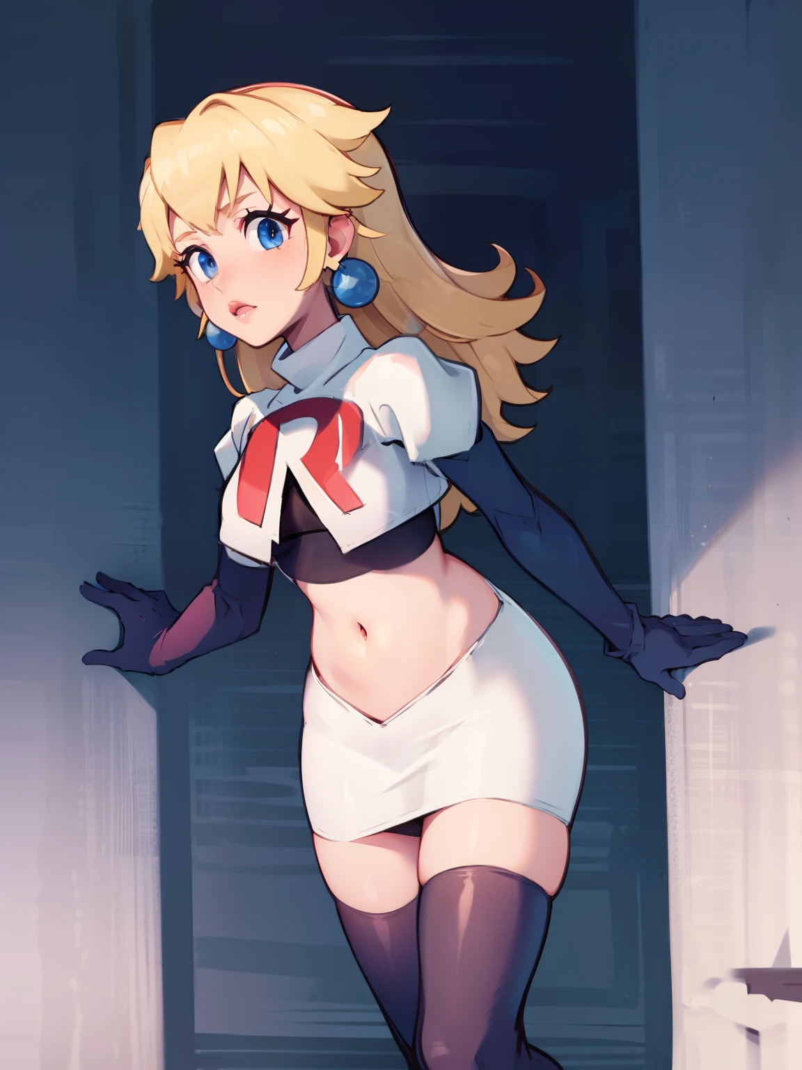 princess_peach, blonde hair ,earrings,team rocket,team rocket uniform, red letter R, white skirt,white crop top,black thigh-highs,black elbow gloves