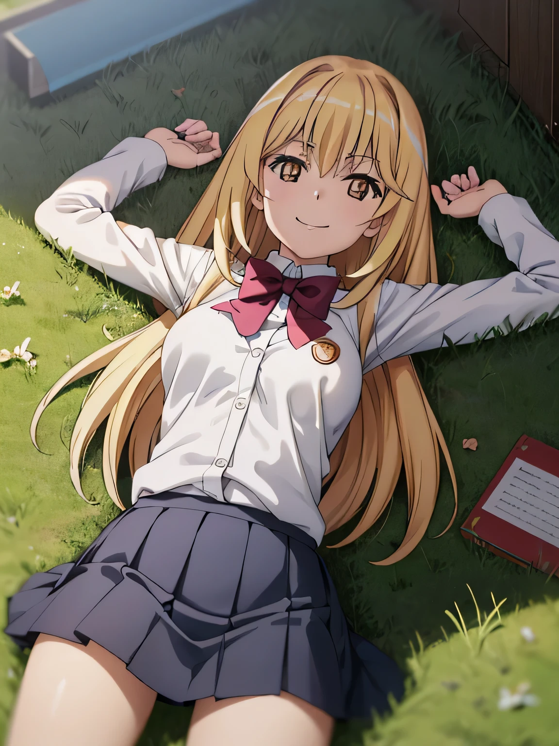 (((pixel-perfect, detail-perfect))), solo, 1girl, misaki shokuhou, tokiwadai school uniform, bow, white elbow gloves, looking at viewer, closed_mouth, spread arms, arms up, cowboy shot, smile, on back, on grass, 