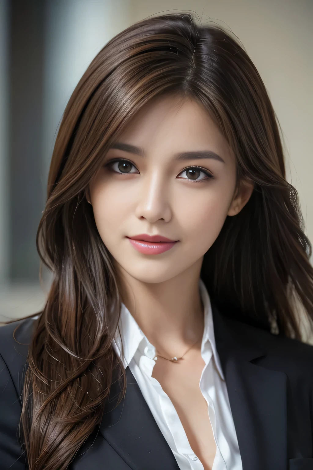 table top, highest quality, realistic, Super detailed, finely, High resolution, 8k wallpaper, 1 beautiful woman,, light brown messy hair, wearing a business suit, sharp focus, perfect dynamic composition, beautiful and detailed eyes, thin hair, Detailed realistic skin texture, smile, close-up portrait, model body shape