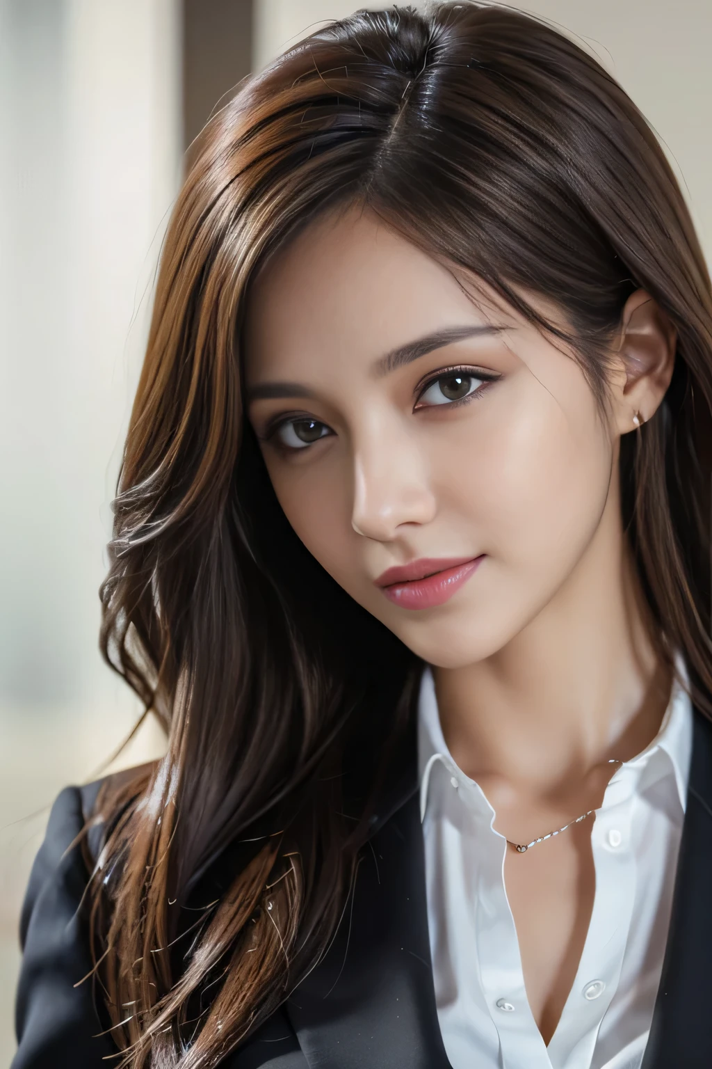 table top, highest quality, realistic, Super detailed, finely, High resolution, 8k wallpaper, 1 beautiful woman,, light brown messy hair, wearing a business suit, sharp focus, perfect dynamic composition, beautiful and detailed eyes, thin hair, Detailed realistic skin texture, smile, close-up portrait, model body shape