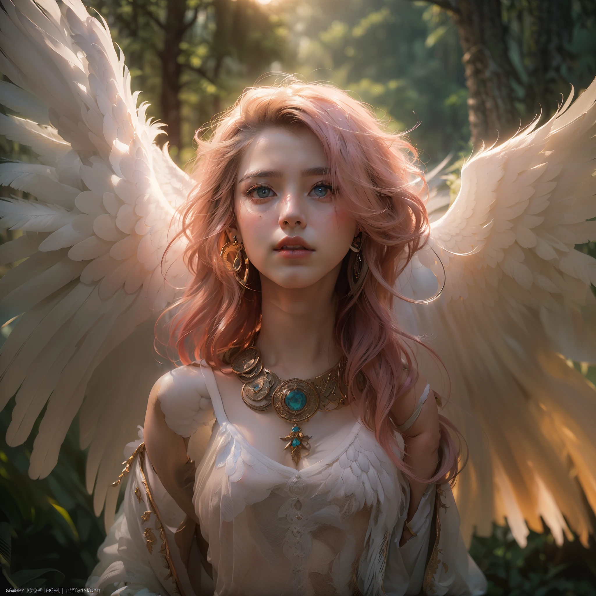 (award-winning masterpieces galore, incredibly detailed, textured and maximally detailed), (hyper realistic: 1.4), (realistic: 1.3), (top quality realistic textured skin), (dense perfect circles, symmetrically beautifully rendered eyes), ( angelic light Divine radiance circle overhead: 1.8), ((medieval world)), (lord black angel or lord white angel: 1.6), (full body standing image: 1.8), (beautiful gentle eyes), (beautiful colored eyes love the sky with beautiful cloud mass), (halo optical phenomenon: 1.3), (dramatic light), ( (majestic view), (very beautiful expression of serenity and tenderness old wings with pure white feathers behind her shoulders earrings under her ears, (((dramatic photo))), (twilight), (sunset), (dusk), (sacred pose)), (pink hair), (chestnut hair), (elaborately crafted necklace around her neck (glowing magic circle), (glowing magic circle), holy light, epic realistic, ((neutral color)), (HDR:1.5), (subdued colors:1.2), highly detailed, cinematic, warm light, dramatic light, (complex details:1.1), complex background, ((fantastic forest 1.8)), pastel colors、magical forest、((full body standing image: 1.8)),