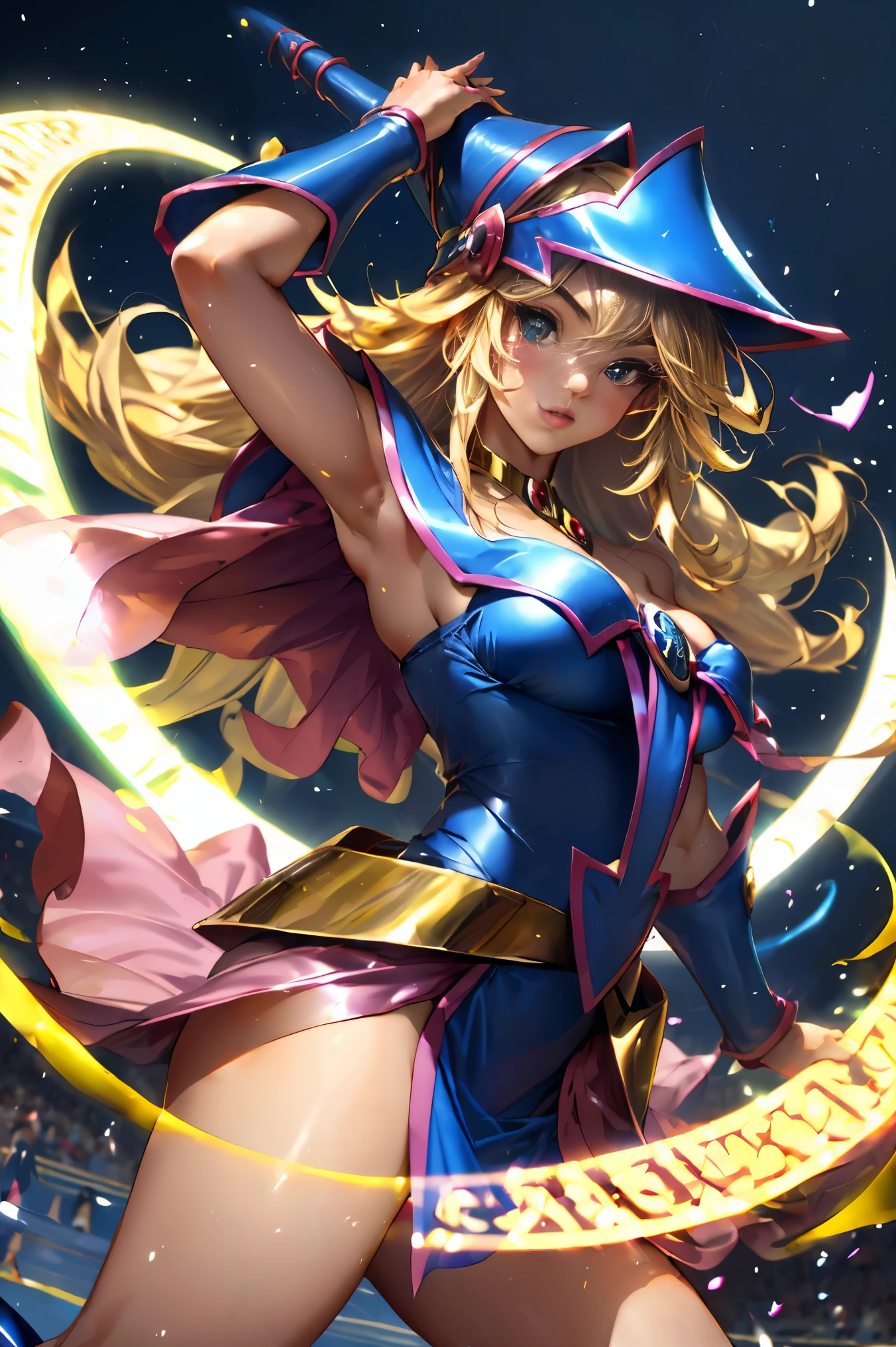 Dark magician gils vestida como la diosa arena de Saint Seiya. Vestido blanco, ajustado, blanco. Cabello rubio. Ojos azules. Labios rojos. Cuerpo completo. Fondo de Athena. Pose sensual y inocente. Magic circle around you. Heart magic in the air. 