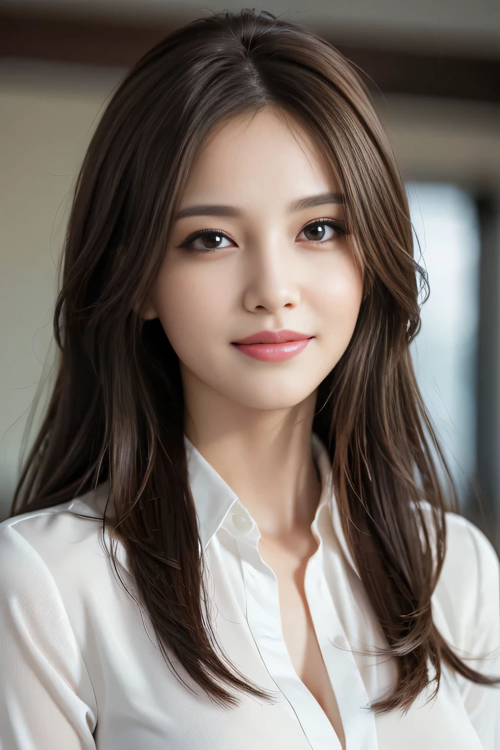 table top, highest quality, realistic, Super detailed, finely, High resolution, 8k wallpaper, 1 beautiful woman,, light brown messy hair, wearing a business suit, sharp focus, perfect dynamic composition, beautiful and detailed eyes, thin hair, Detailed realistic skin texture, smile, close-up portrait, model body shape