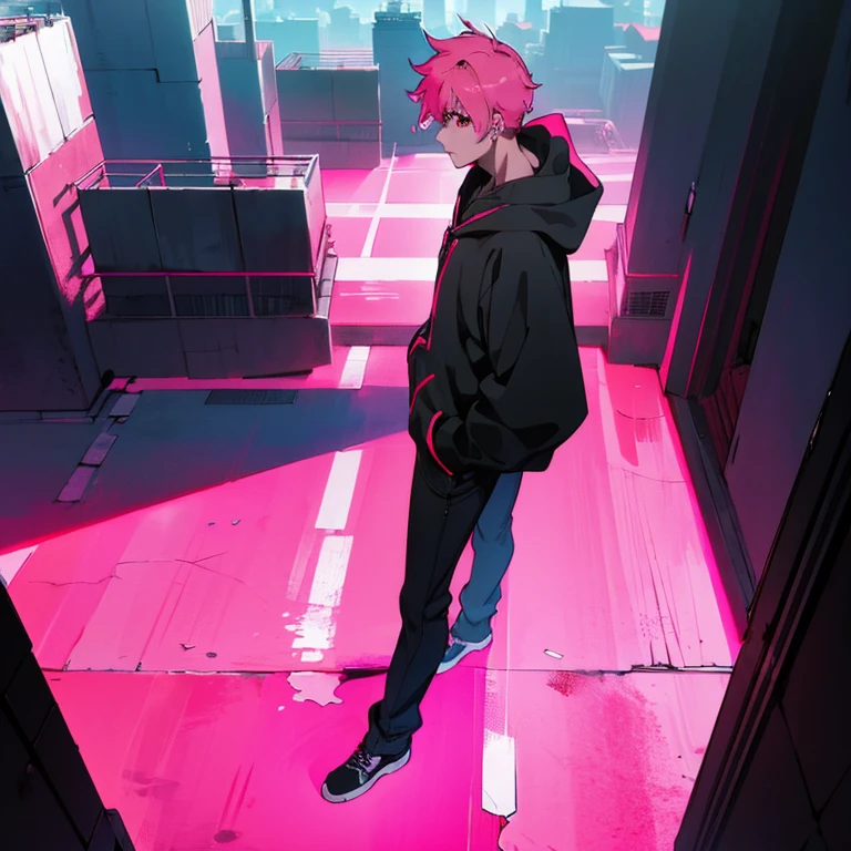 (shortcut), (two block hair), (bright pink hair), (male character), (red eyes), (cool pose), (top quality), (masterpiece), (Super detailed), (oversized hoodie), (Street style), (neon), (modern city), (neonデイライト), (cinematic), (stylish), (High resolution), (hyper-detailed), (soft town), (Nightcore), (a handsome guy), (he is wearing headphones), (natural appearance of the building), (casual), (IGスタジオanime style), (standing pose), (Shooting from a low angle), (anime style), (multiple angles)