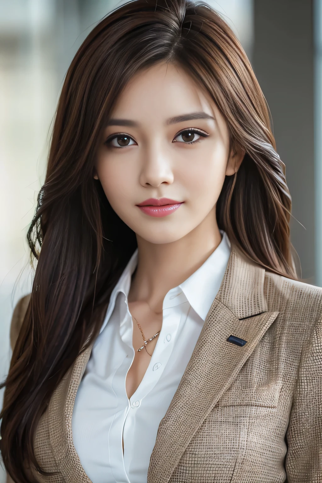 table top, highest quality, realistic, Super detailed, finely, High resolution, 8k wallpaper, 1 beautiful woman,, light brown messy hair, wearing a business suit, sharp focus, perfect dynamic composition, beautiful and detailed eyes, thin hair, Detailed realistic skin texture, smile, close-up portrait, model body shape