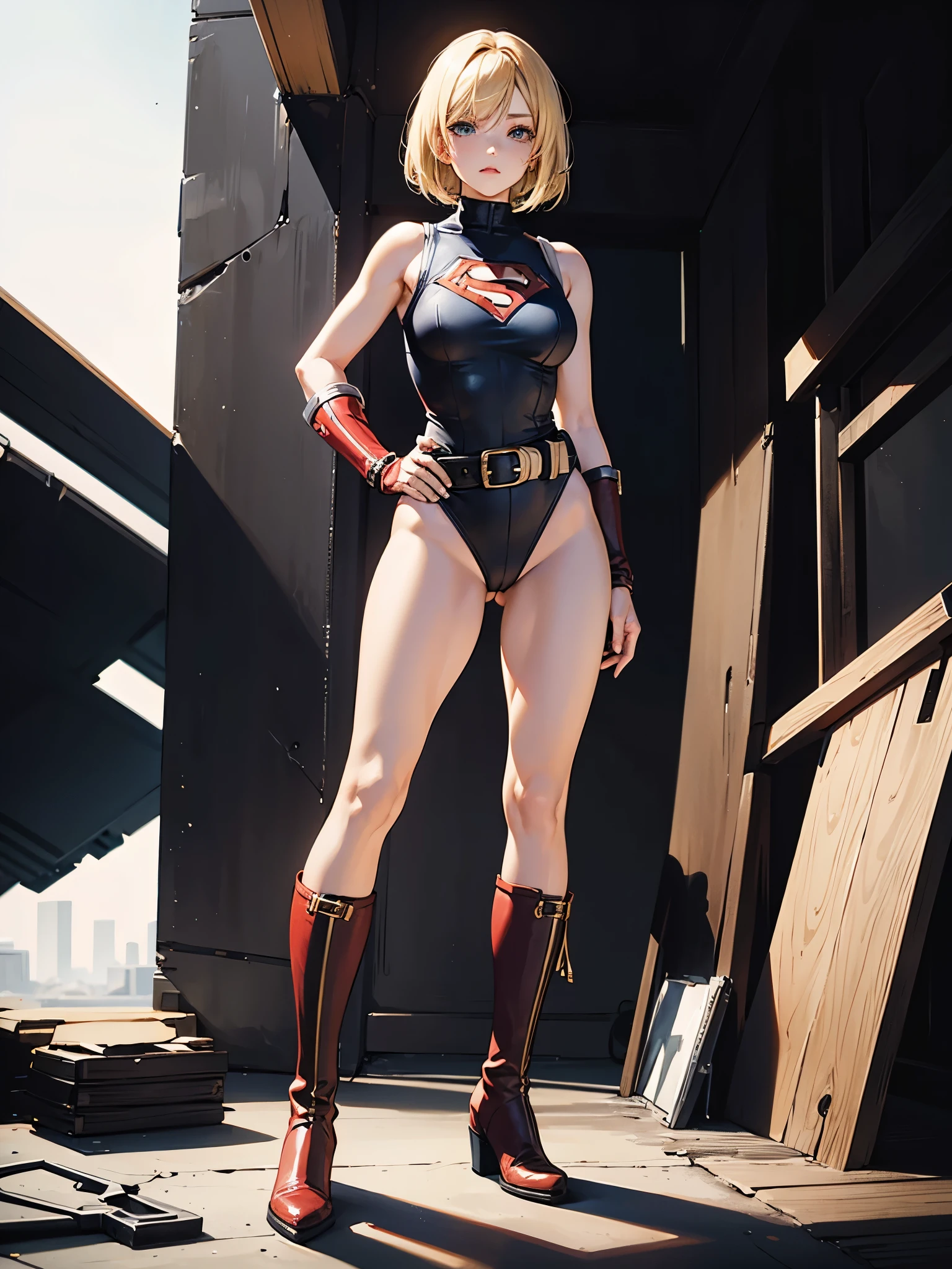 1girl, superhero, leotard, bare legs, boots, standing, solo focus, belt, hands on hip, full body shot, mature lady, blonde hair, bob hair