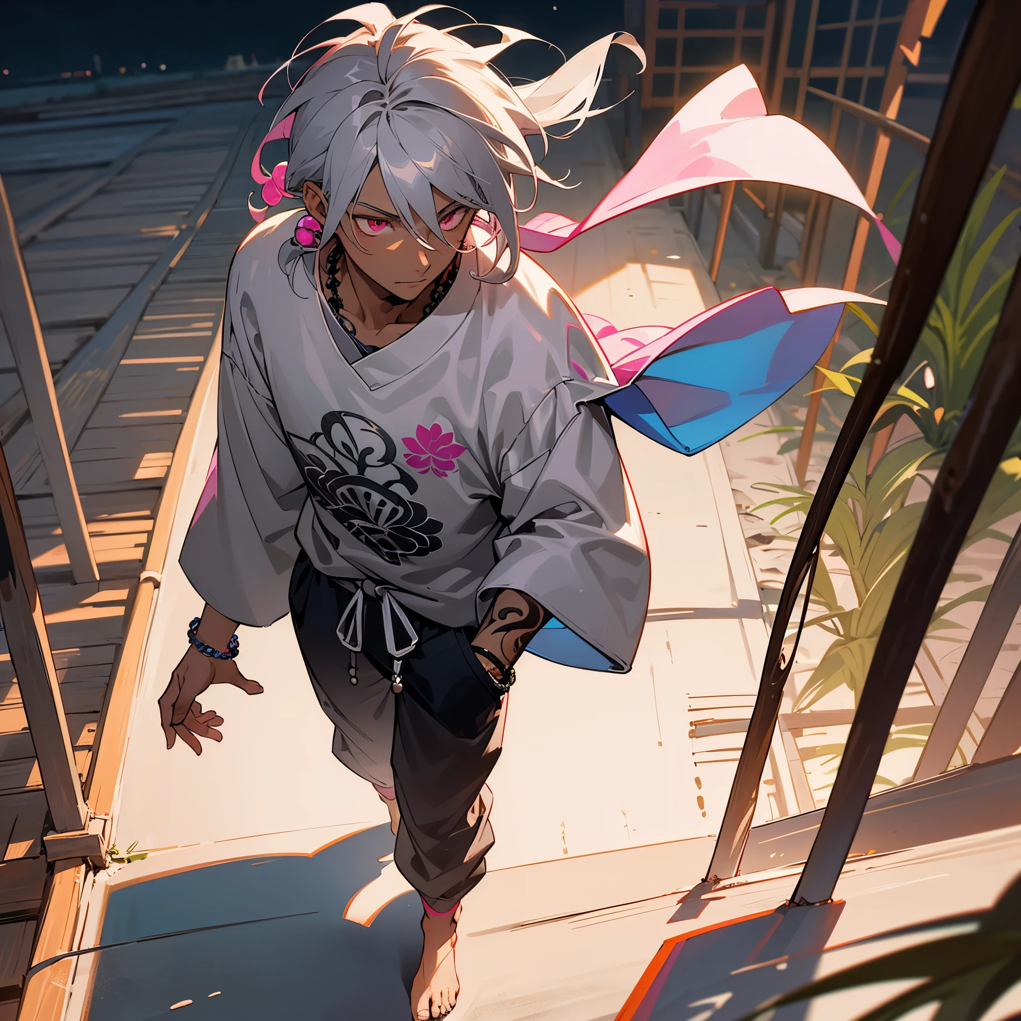 1male, young adult, dark skin, messy medium length grey hair in low ponytail, finely detailed bright pink eyes, walking down path, best light and shadows, loose long sleeve shirt, loose jogging pants, adventurous clothing, prayer bead bracelet, tattoos, up close view, night time fishing village, standing on roof