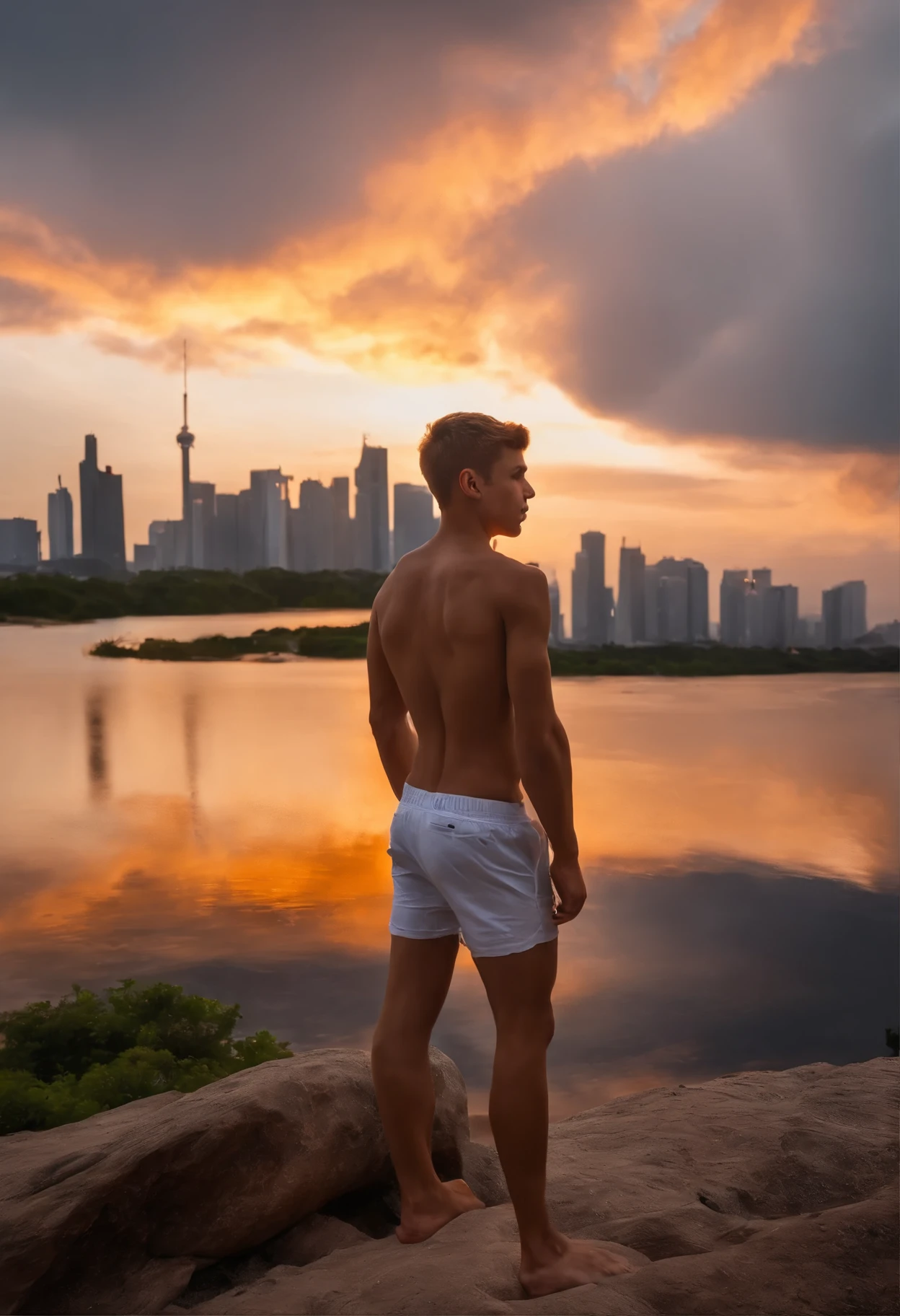 beautiful 14 year old boy, slim but athletic body, sin camisa dorso desnudo pantaloneta blanca transparente, big crotch bulge because he has a big penis he puts his penis in his 15 year old friend's mouth he penetrates him from behind silver hair gray eyes watching a city that is on fire the whole city is on fire