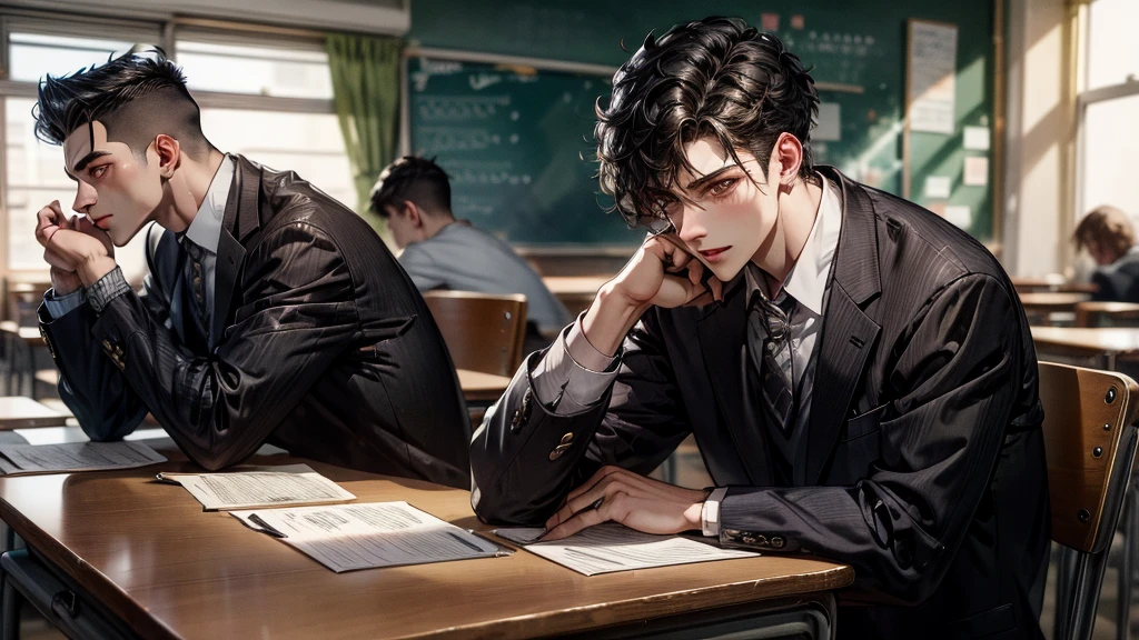 ((masterpiece, best quality, high res)) young, high school uniform, classroom, solo, 1boy, 1man, one person, (high schooler, perfect body, muscular:1.2), school uniform, black eyes, black hair, undercut hairstyle, detailed background, great lighting, sharp face, sitting, elegant, men's trousers, young body, school uniform, character center align, male style, high-quality art style,