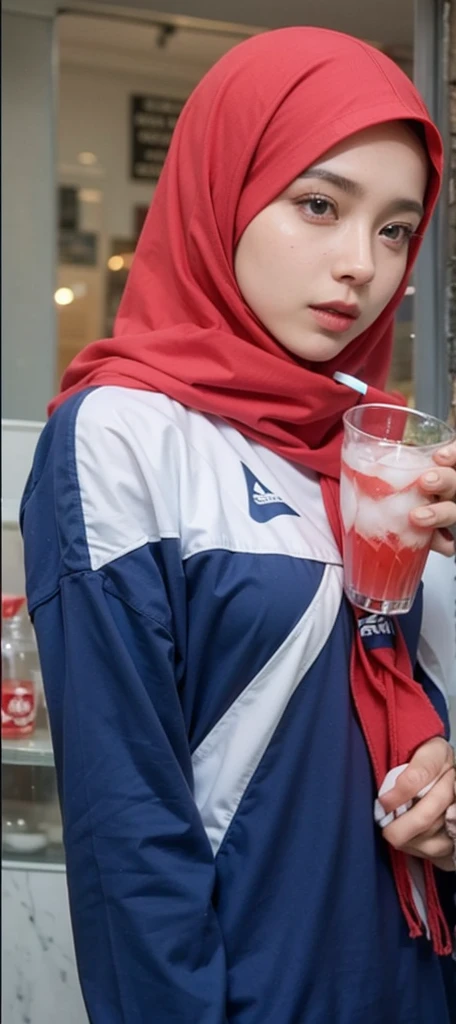 red hijab,dark blue and white stripe jersey,holding a cup of drink