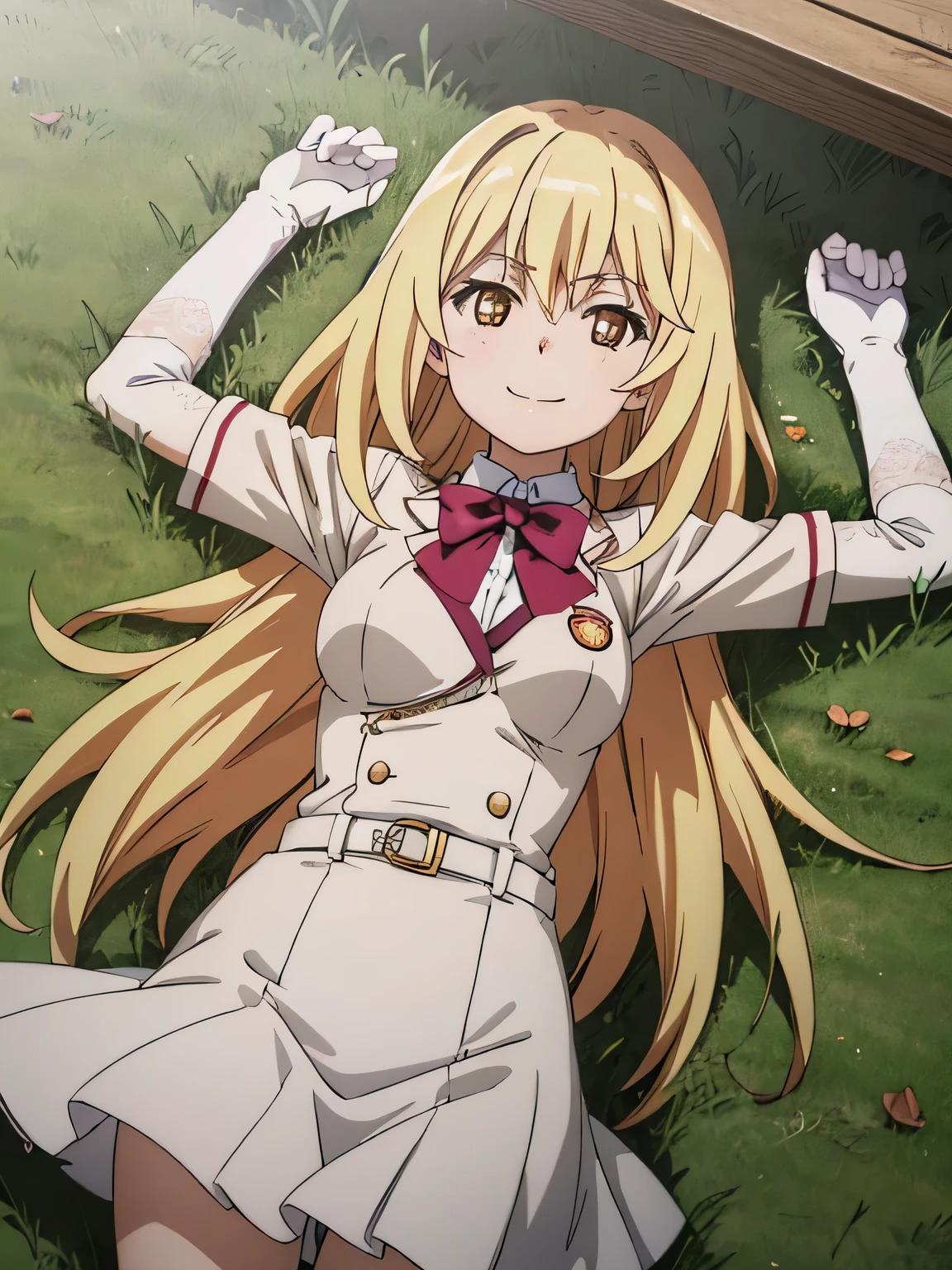 (((pixel-perfect, detail-perfect))), solo, 1girl, misaki shokuhou, tokiwadai school uniform, bow, white elbow gloves, looking at viewer, closed_mouth, spread arms, arms up, cowboy shot, smile, on back, on grass, 