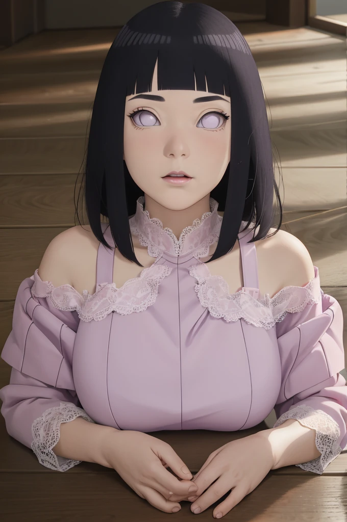 Masterpiece, absurderes, Hinata\(Boruto\), 1girll, Solo,Mature female, Off-the-shoulder lace shirt, When looking at the camera,  Perfect composition, Detailed lips, big breast, Beautiful face, body propotion, Blush, (Pink lips), Long hair,  Purple eyes,  Soft gaze,  Super realistic, Detailed, photoshoot, Realistick faces and bodies,, whole body, walkink on the floor, lilac shoes