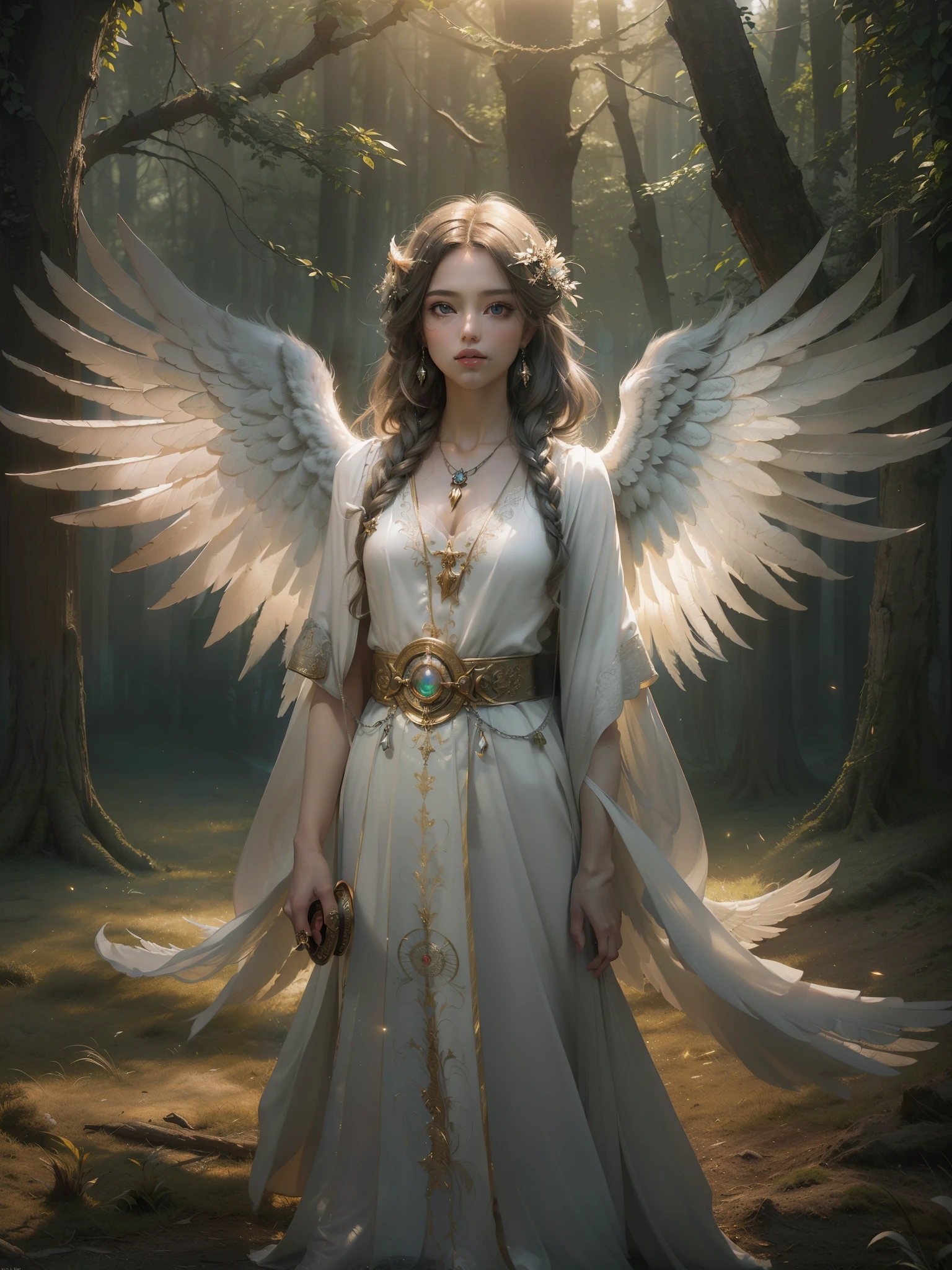 (award-winning masterpieces galore, incredibly detailed, textured and maximally detailed), (hyper realistic: 1.4), (realistic: 1.3), (top quality realistic textured skin), (dense perfect circles, symmetrically beautifully rendered eyes), ( angelic light Divine radiance circle overhead: 1.8), ((medieval world)), (lord black angel or lord white angel: 1.6), (full body standing image: 1.8), (beautiful gentle eyes), (beautiful colored eyes love the sky with beautiful cloud mass), (halo optical phenomenon: 1.3), (dramatic light), ( (majestic view), (very beautiful expression of serenity and tenderness old wings with pure white feathers behind her shoulders earrings under her ears, (((dramatic photo))), (twilight), (sunset), (dusk), (sacred pose)), (silver hair), (chestnut hair), (beautiful hair)、(elaborately crafted necklace around her neck (glowing magic circle), (glowing magic circle), holy light, epic realistic, ((neutral color)), (HDR:1.5), (subdued colors:1.2), highly detailed, cinematic, warm light, dramatic light, (complex details:1.1), complex background, ((fantastic forest 1.8)), pastel colors、magical forest、((full body standing image: 1.8)),(upper body up:0.4),