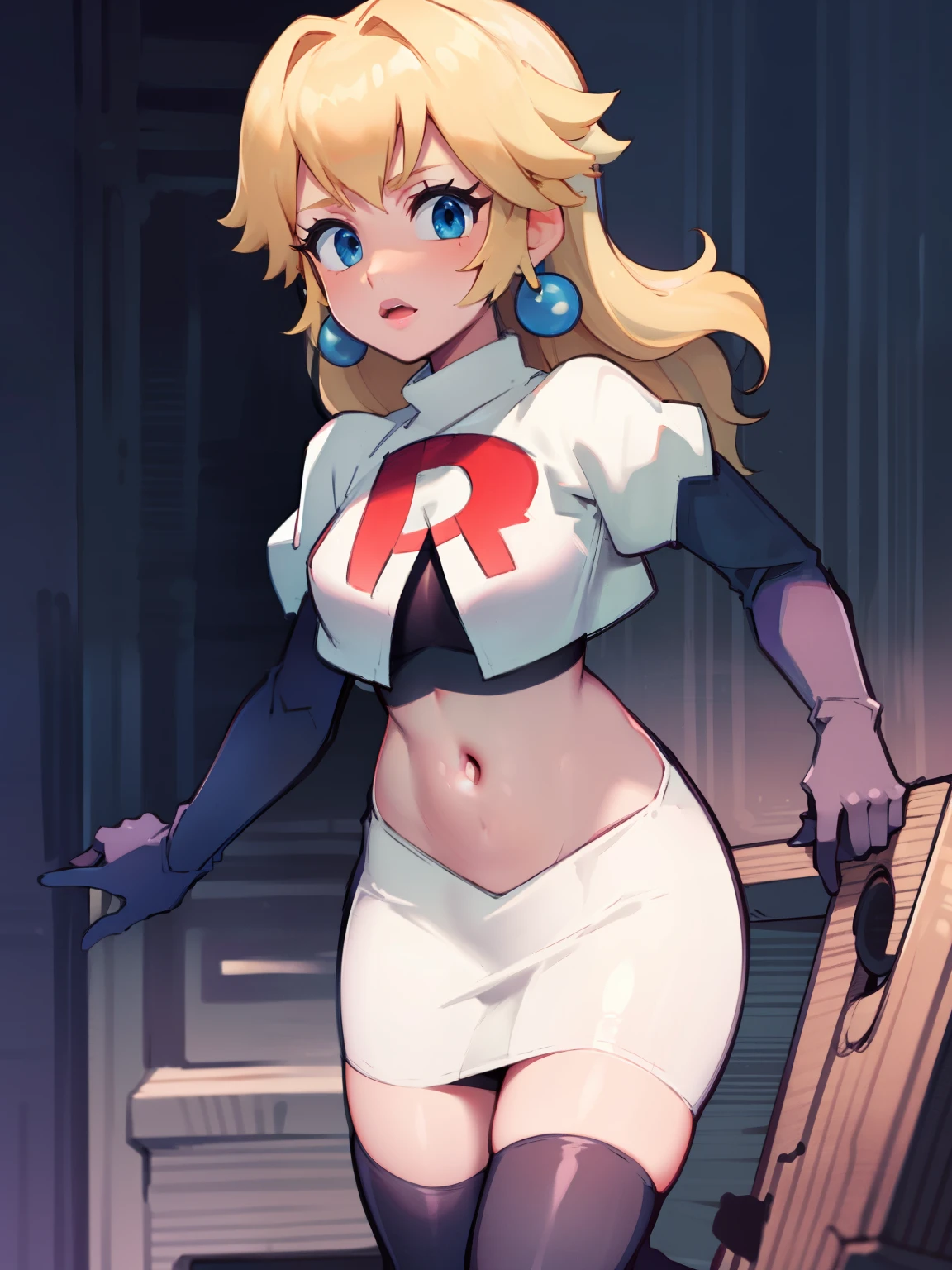 princess_peach, blonde hair ,earrings,team rocket,team rocket uniform, red letter R, white skirt,white crop top,black thigh-highs,black elbow gloves