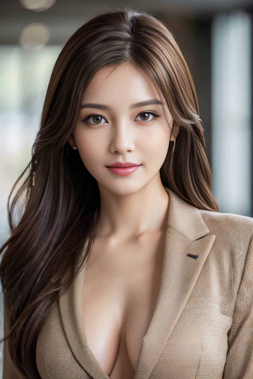 table top, highest quality, realistic, Super detailed, finely, High resolution, 8k wallpaper, 1 beautiful woman,, light brown messy hair, wearing a business suit, sharp focus, perfect dynamic composition, beautiful and detailed eyes, thin hair, Detailed realistic skin texture, smile, close-up portrait, model body shape