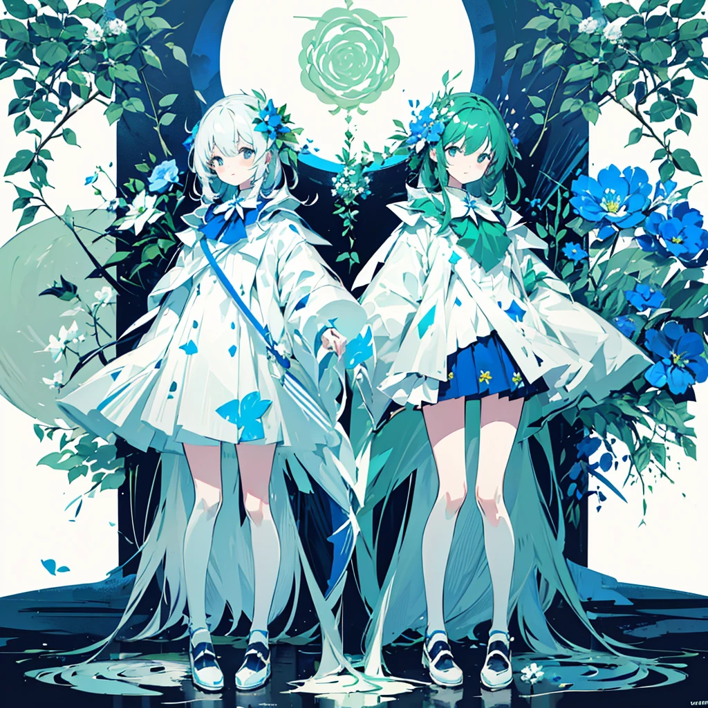 (blue moon, white flower field, green road, geometric pattern), (low contrast, flat color, limited palette)