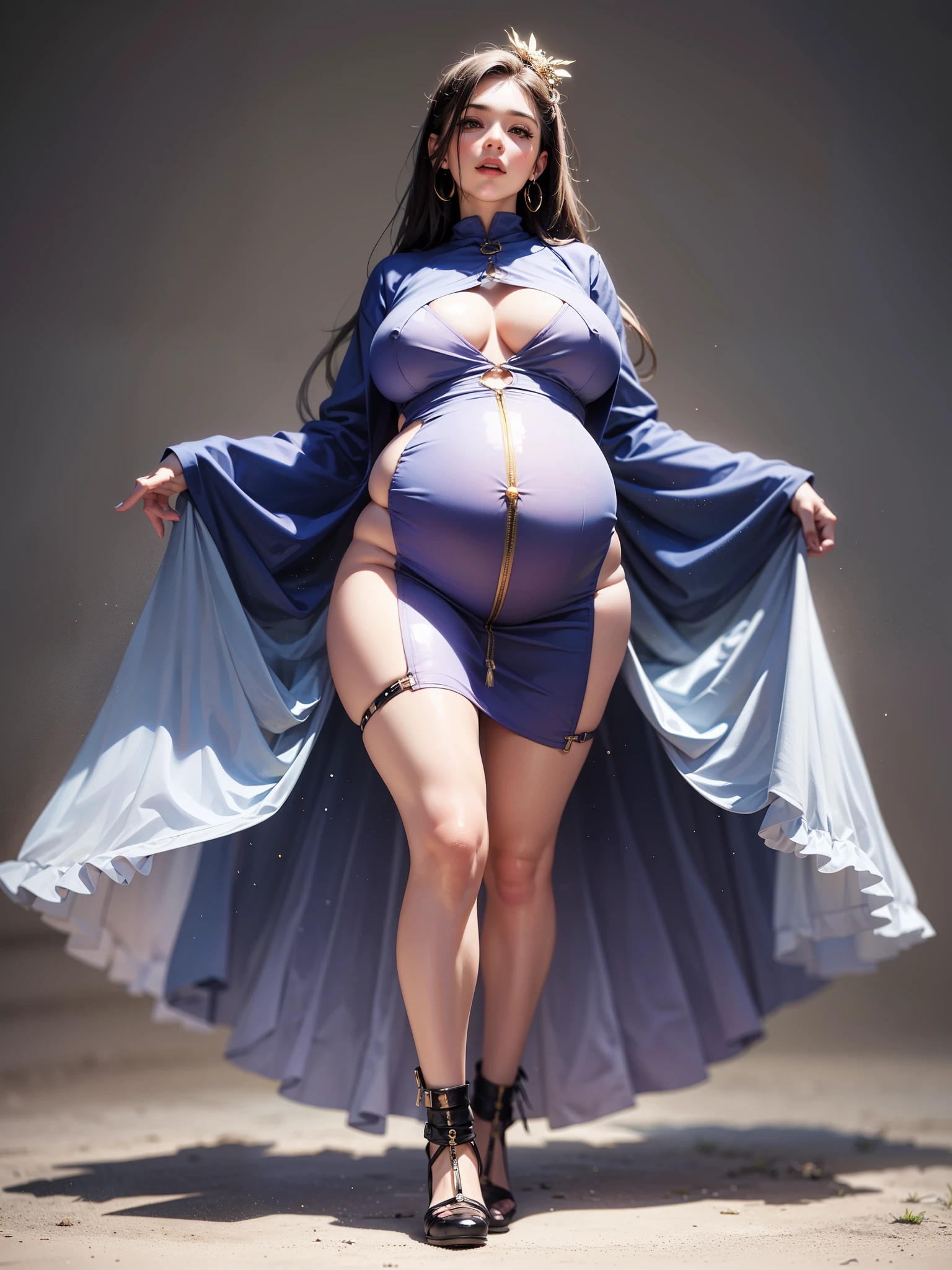 8k ultra realistic full body pregnant woman, big breasts showing nipple, big belly and big voluptuous thighs standing sideways to the camera on a transparent background opening her legs and sexy --auto --s2