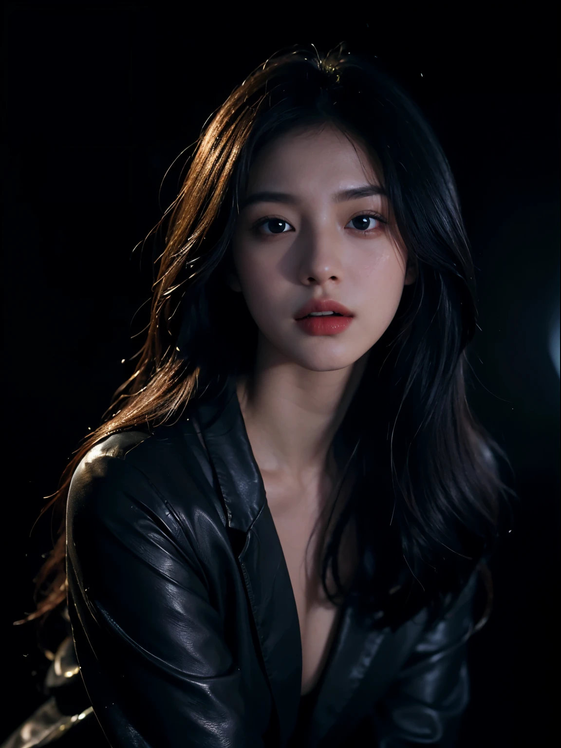 1 girl, 175cm,Korean K-pop idols and models ,23 years old,Soft body, black hair, curls,whole body, Hair grows to the waist, whole body,((From head to leg)),close up, 8k, original photo, best quality, masterpiece,actual, photorealistic,Lovely(front focus), (in the darkness:1.6), Surreal portraits of women by David Hockney and Alphonse Mucha, fantasy art, Shoot real, dynamic lighting, art station, poster, Volumetric lighting, Very detailed faces, 4k'', Award-winning, 1 girl, in the darkness, deep shadow, low pitch, cowboy shooting, (official clothing:1.4), long hair