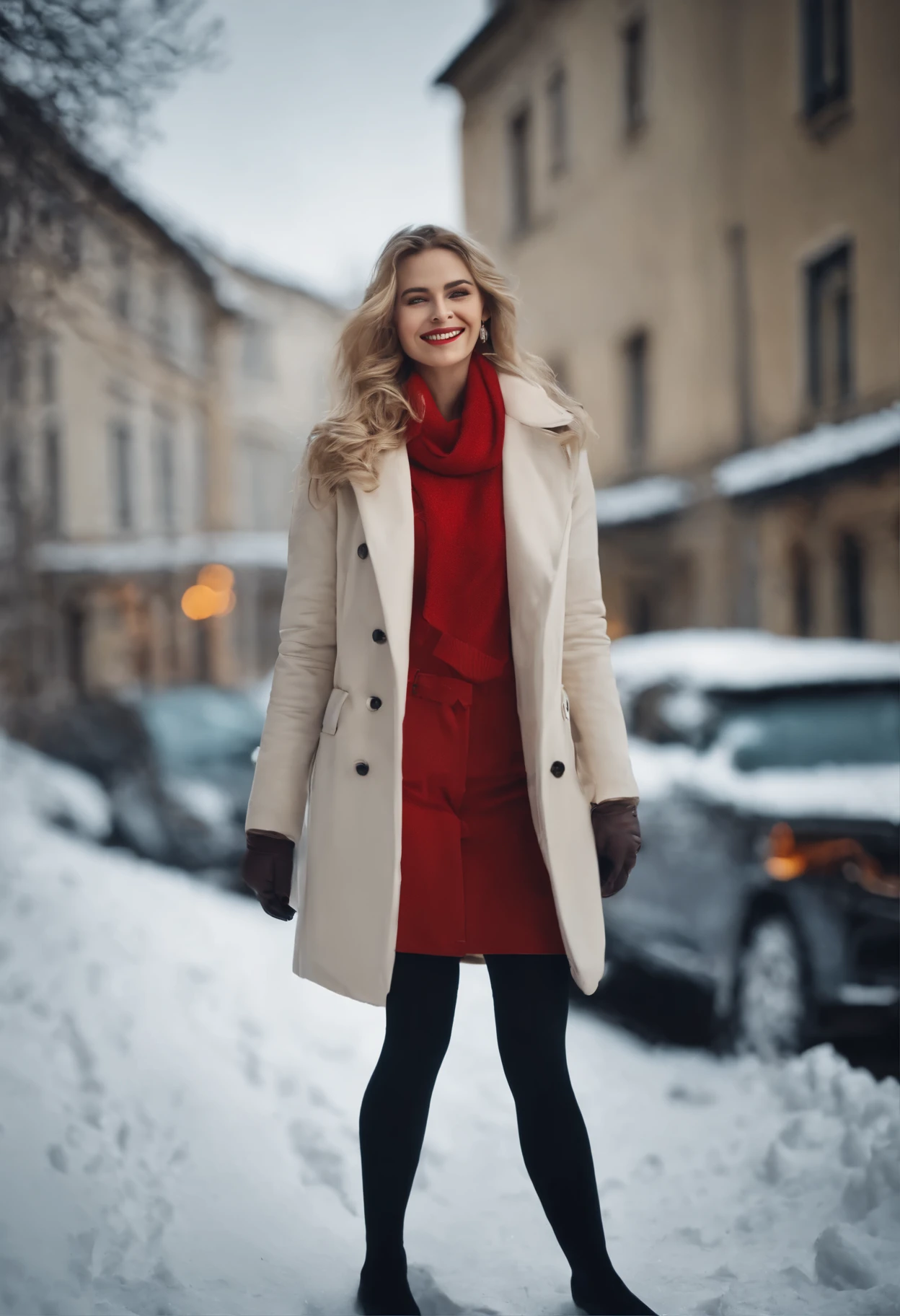 young woman, blonde, Best quality, 4K, 8K, detailed faces, clear face, Cute girls, makeup, Red lips, laughter, perfect body,shoulder length straight short hair,small breasts,thighlet,Slim,thin, young woman носит длинное и широкое пальто, Under the jacket there was a toptub and tights., a series of lives, snowscape, winter, Street,