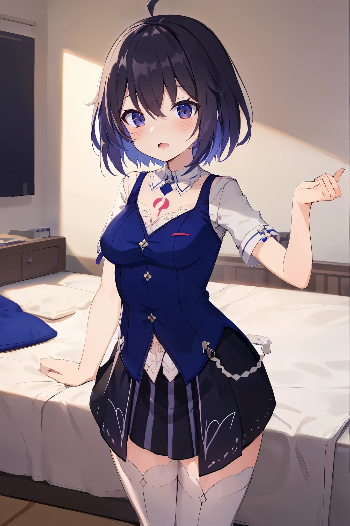 1 girl, best quality, ultra high res, ahoge, Seele Vollerei, looking at viewers, medium breast, standing, smile, small body, open mouth, azure memories, short sleeves, bedroom, white bed sheets, pov, chest  tattoo, Skirt, upper body,