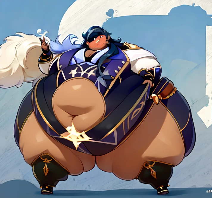 An anime illustration of a Fat Kaeya from Genshin impact , Full body, Solo ,((1boy)), Kaeya, smug grin, Eyepatch,Old German Cityscape, Multicolored Hair, Long Blue Hair, Ponytail ,((Dark Skin)), ((Anatomically accurate)) ,((hyper_hips)), ((Thick thighs)), ((Fat Butt)), ((gigantic belly)),((ssbbw!!)),burp,(Bottom heavy body),((high_aesthetic)), (Highest quality), Masterpiece!!, ((Small Chest)),(( WeightObese))
